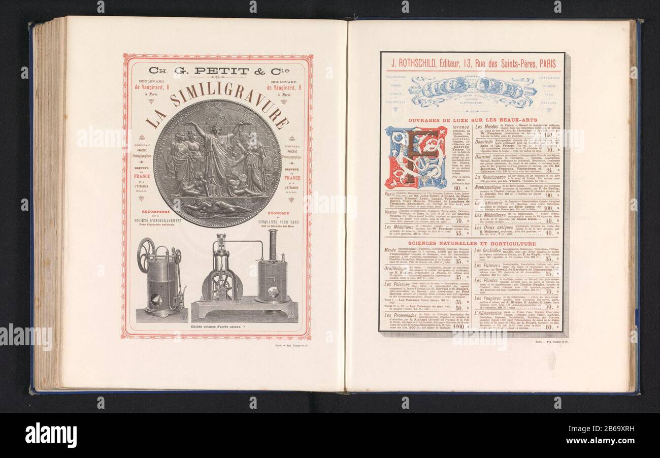 Anzeige mit einer Gedenkmünze und Dampfmaschinen Über einem Bild einer Gedenkmedaille, darunter zwei Drucke von Hockmaschinen. Hersteller : Fotograf: Anoniemklischeemacher Petit et Cie (börsennotiertes Objekt) Herstellung: Frankreich Datum: CA. 1871 - Merkmale oder 1881 Physisch:. Ähnliches Material: Papiertechnik: Autotypie Abmessungen: Seite: H 317 mm × W 241 mm Betreff: Werbung, Hinweis Gedenkmedaillenmaschine mit Dampfantrieb Stockfoto