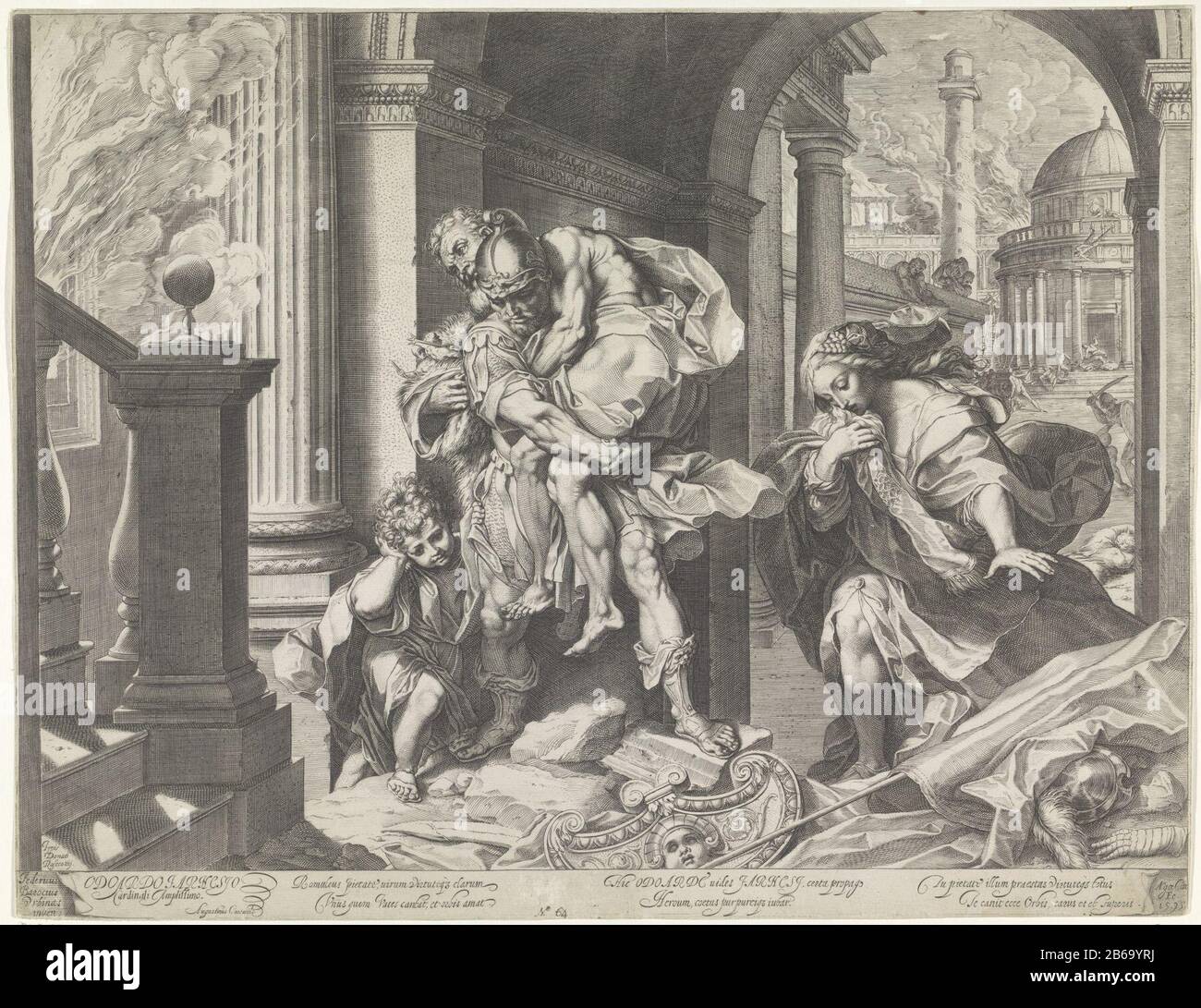 Aeneas flieht mit seiner Familie aus Troy Aeneas trägt seinen Vater Anchises auf den Rücken. Ascanius links und rechts ist eine Frau. Im Hintergrund das brennende Troja. Text in ondermarge. Hersteller: Druckmaschine: Agostino Carracci (denkmalgeschütztes Gebäude), entworfen von Federico Barocci (denkmalgeschütztes Gebäude) Herausgeber: Donato Rasciotti (denkmalgeschütztes Gebäude) Kunde: Odoardo Farnese (denkmalgeschütztes Eigentum) zugewiesen an: Odoardo Farnese (auf dem Objekt angegeben) Ort Herstellung: Druckhersteller: Italien zur Gestaltung: Italien Herausgeber: Venedig Kunde: Italien Gewidmet: Italien Datum: 1595 Physische Merkmale: 1595 Engra-Material: Papiertechnik Stockfoto