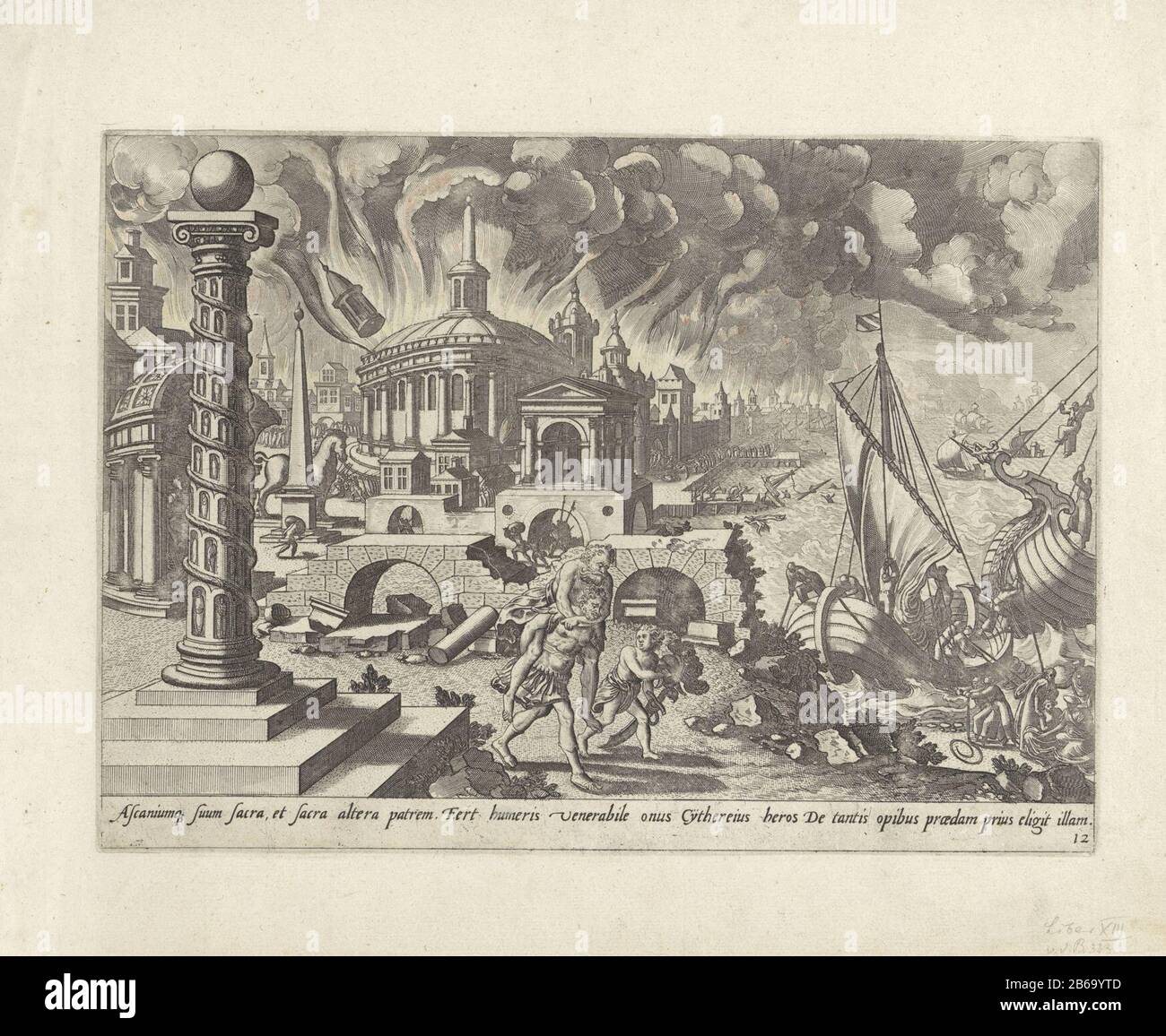 Aeneas rettet seinen Vater vor den brennenden Troja Metamorphosen von Ovid (Serientitel) Aeneas flieht mit seinem Vater Anchises auf den Rücken und zusammen mit seinem Sohn Ascanius aus dem brennenden Troja. Unter dem Aufführungstext aus Ovids Metamorphosen, Buch 13, Vers 624-626. Hersteller : Druckhersteller John Lucas oder Doetechumnaar Design: Gerard van Groeningen Herausgeber: Claes Jansz. Visscher (II) Ort Herstellung: Druckmaschine: Antwerpen Zum Entwurf: Antwerpen Verlag: Amsterdam Datum: CA. 1572 und / oder 1601 - 1652 Physikalische Eigenschaften: Ätzmaterial: Papiertechnik: Ätzmaße: Plattenkante: Stockfoto