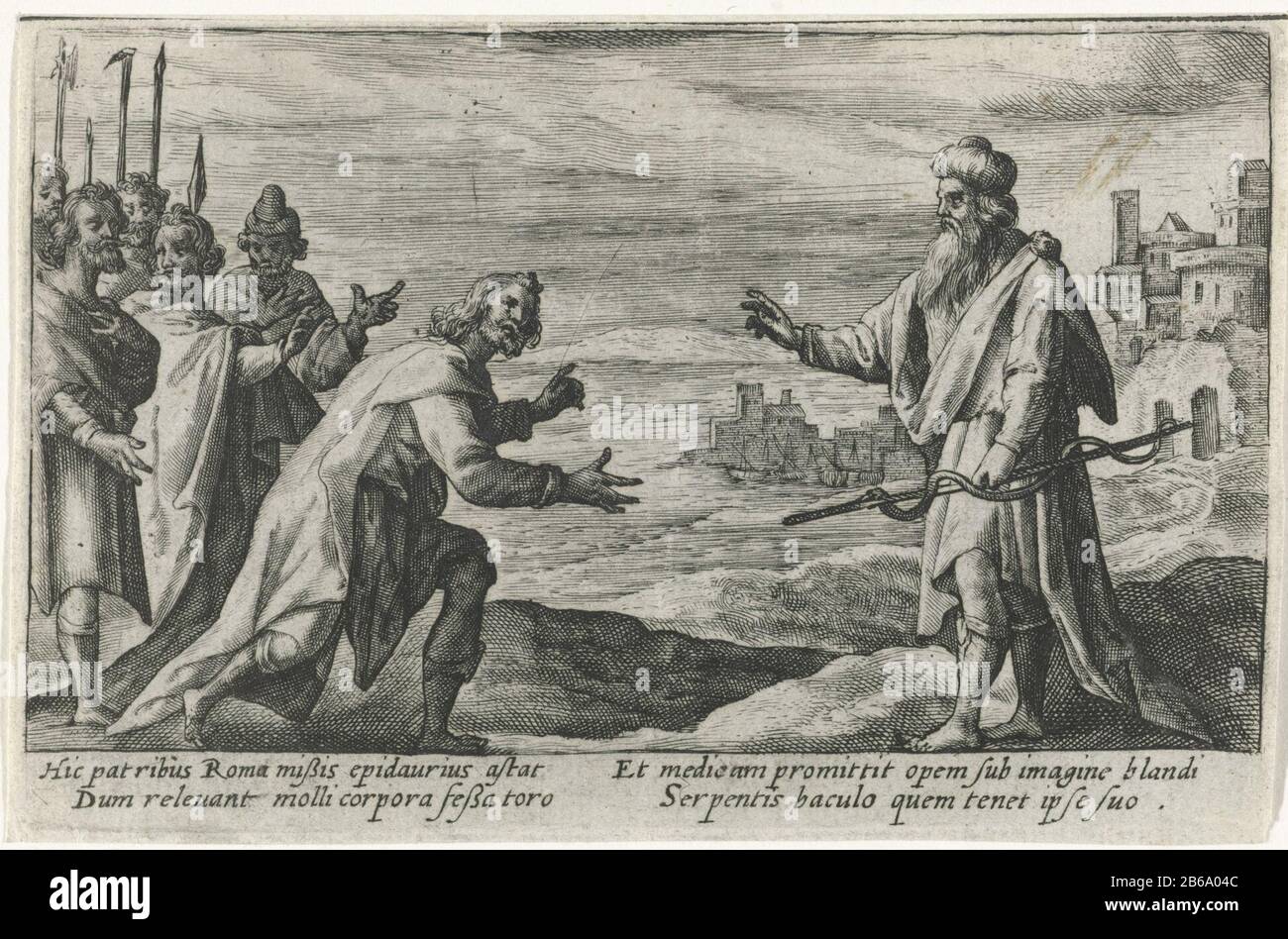 Aesculapius empfängt Senatoren aus Rom Metamorphosen von Ovid (Serientitel) Aesculapius, dem Sohn des Apollo, der senat empfängt ihn aus Rom und bittet ihn um Befreiung. Gott hält in seiner linken Hand einen Krämer, An Dem ein Schlauch um ihn schnappt. Er sagt den Senatoren voraus, dass er Gestalt annehmen wird. Am Rand einer vierzeiligen Signatur, in zwei Spalten, im Latijn. Hersteller : Druckmaschine: Crispijn von de Passe (I) Schreiber, John PosthiusPlaats Herstellung: Köln Datum: 1602 - 1607 Physikalische Eigenschaften: Engra-Material: Papiertechnik: Engra-Messungen (Druckverfahren): Plattenkante: H 83 mm × W 128 Stockfoto