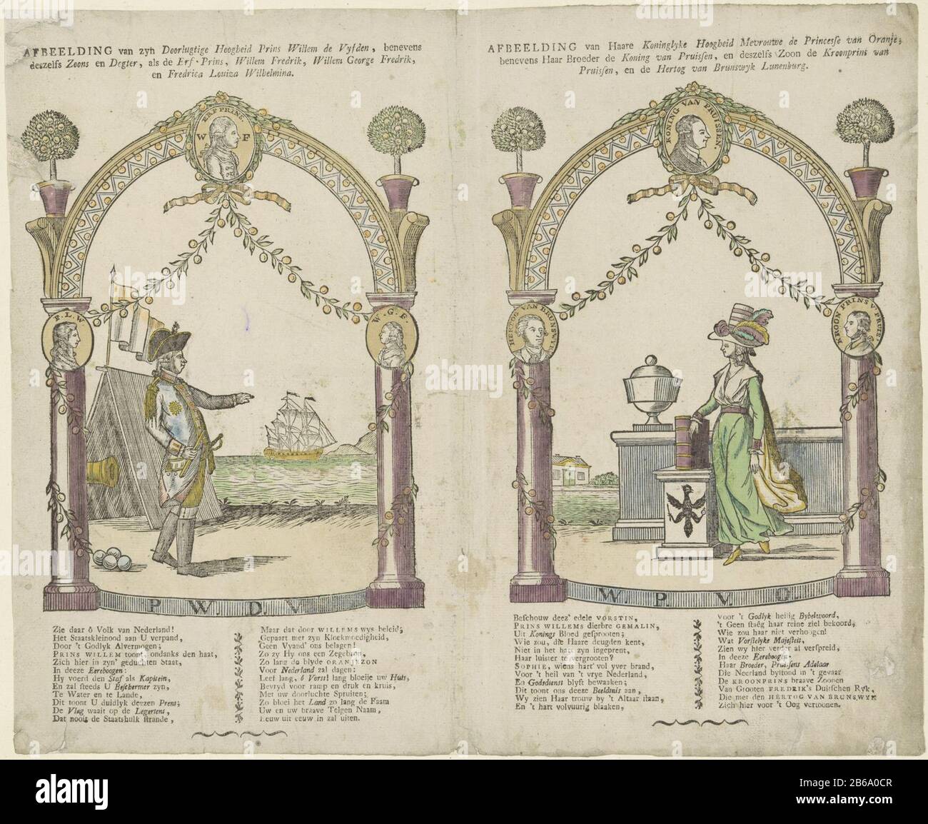 Bild seiner Hoheit Türlugtige-Druck Willem de Vyfden, daneben () (Titelobjekt) Leaf mit zwei Vorstellungen. William V., ein Zelt mit niederländischer Flagge an der Küste, hinterließ einen Bogen, der mit Weinreben und Orangenhainen dekoriert war. Rechts, in einem Krawatte verzierten Bogen, Wilhelmina von Preßburg für ein Geländer, ihr Arm lehnte sich an ein Buch. Unter den Voorstelilngen ein frischer Viererkollege. Hersteller : Herausgeber: S. & W. Koene (möglich) Druckmaschine: Anonymer Ort Herstellung: Herausgeber: Amsterdam Druckautor: Niederlande Datum: 1790-1810 Physische Merkmale: Holzschnitt in Gelb, Blau, Grün, Violett und Orange; Textprintin Stockfoto