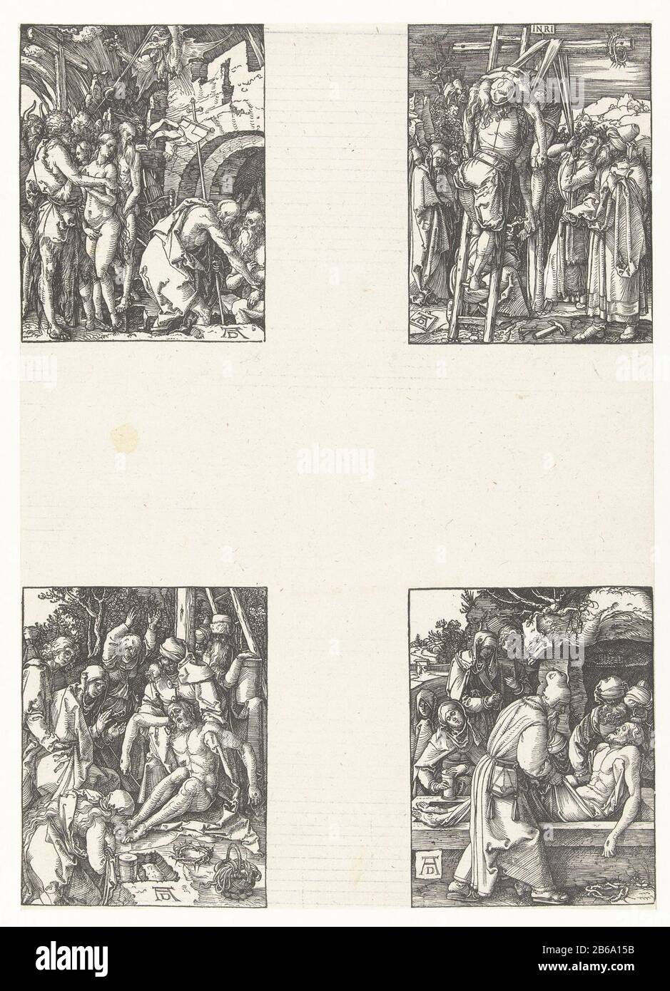 Abstieg in Schwebe, Deposition, Klage, Graflegging The Small Passion (Serientitel) Der siebte Satz von vier Szenen aus der Druckserie "Mall Passion" hier unbeschnitten mit vier Bildern auf einem Blatt. Links oben: Christus befreit die Seelen aus der Schwebe. Oben rechts: Der Leib Christi, der vom Kreuz genommen wurde. Links unten: Der tote Christus seiner Mutter, Maria Magdalena und Johannes der Evangelist beklagt. Unten rechts: Der Leib Christi geleg. Hersteller eines Grabdruckers Albrecht Dürer (denkmalgeschütztes Eigentum) Ort Herstellung: Nürnberg Datum: 1509 - 1510 Physische Merkmale: Holzschnittmaterial: Papiertechnik: Stockfoto