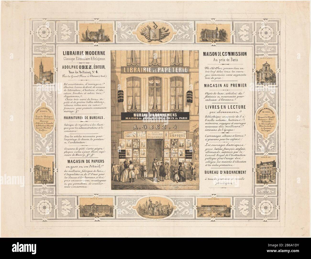 Plakatbuchhandlung Adolphe Obez Douai Männer, Frauen und Kinder für das Fenster der Buchhandlung Adolphe Obez Bellain Rue de Douai. In einem Rahmen mit einem Oberarm und unter der Riesenfamilie Gayant. Rund acht Gebäude in Douai, Wo: Unter dem Theater, dem Justizpalast und dem Ziekenhuis. Hersteller : Druckerhersteller Henri Louis Laporte (möglich) Drucker Henri Louis Laporte (in der Liste aufgeführt) Ort Herstellung: Douai dating: 1834-5 Physische Merkmale: Lithographisch schwarz mit Tonblock braunes Material: Papiertechnik: Tonlithographie Abmessungen: Blatt: H 469 mm × W 613 mm Betreff: Buchhandlung, B. Stockfoto