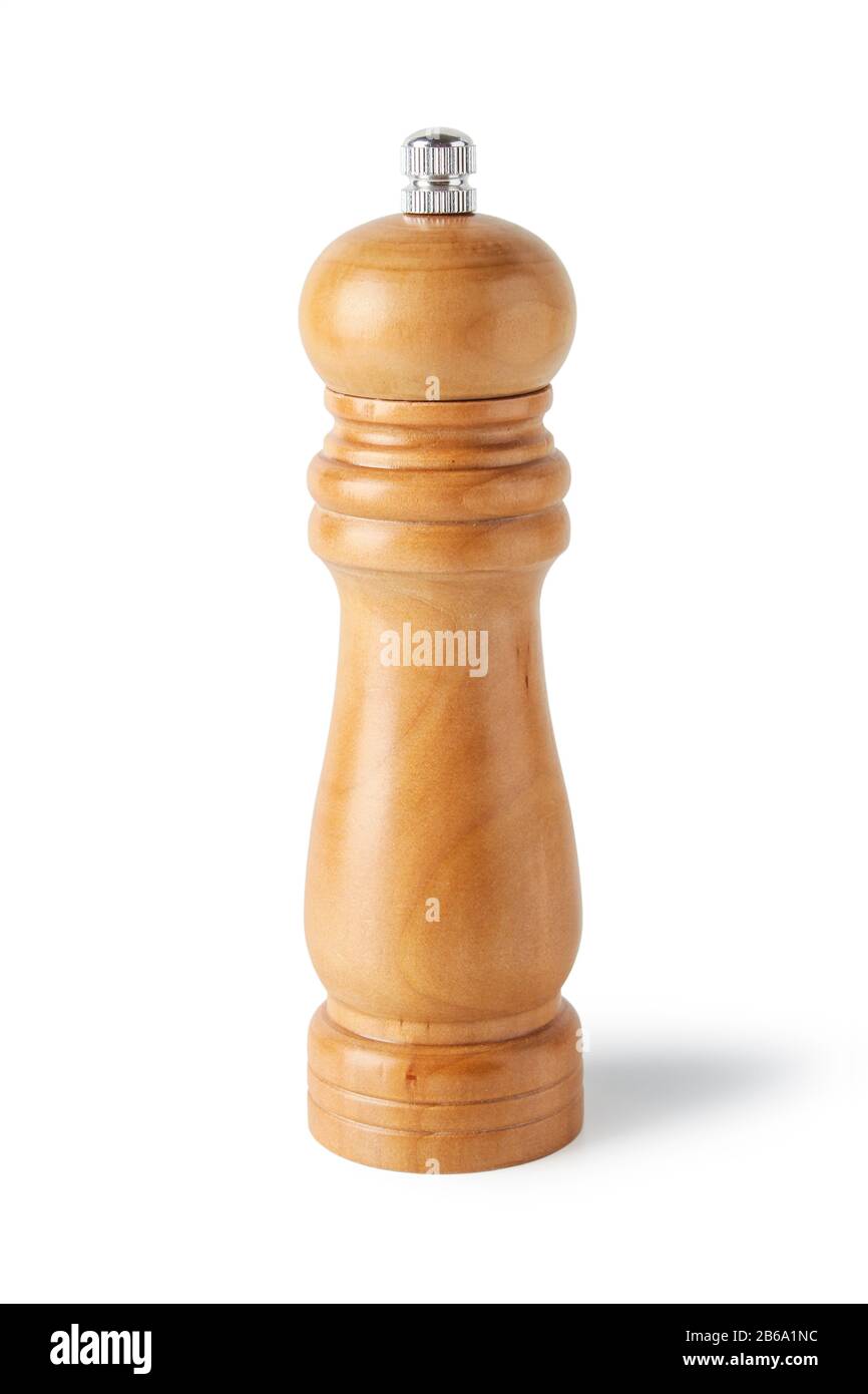 Holzhandmühle zum Würzen isoliert auf Weiß Stockfoto