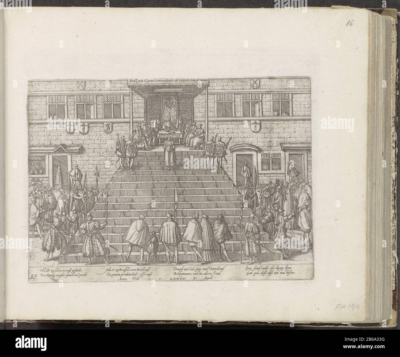 Bei der Bekanntgabe der zweiten Begnadigung, 1574 Serie 6 Dutch Events, 1571-1576 (Serientitel) Verkündung der zweiten allgemeinen Begnadigung, 5. april 1574. Für das Brüsseler Brothaus wird zu spät eine Begnadigung laut. Mit Unterschrift von 8 Zeilen auf Deutsch. Unten links nummeriert: 99. Der Druck ist Teil eines Albums. Hersteller : Druckmaschine: Französische Hochlagerung Herstellung: Köln Datum: 1574 - ca. 1578 Physikalische Merkmale: Ätzmaterial: Papiertechnik: Ätzmaße: Plattenkante: H 199 mm × W 281 mm Subjekt: Gnadenerlass; kostenlose Pardon Proklamation der Generalbegnadigung (1574) Bei: 1574-04- Stockfoto