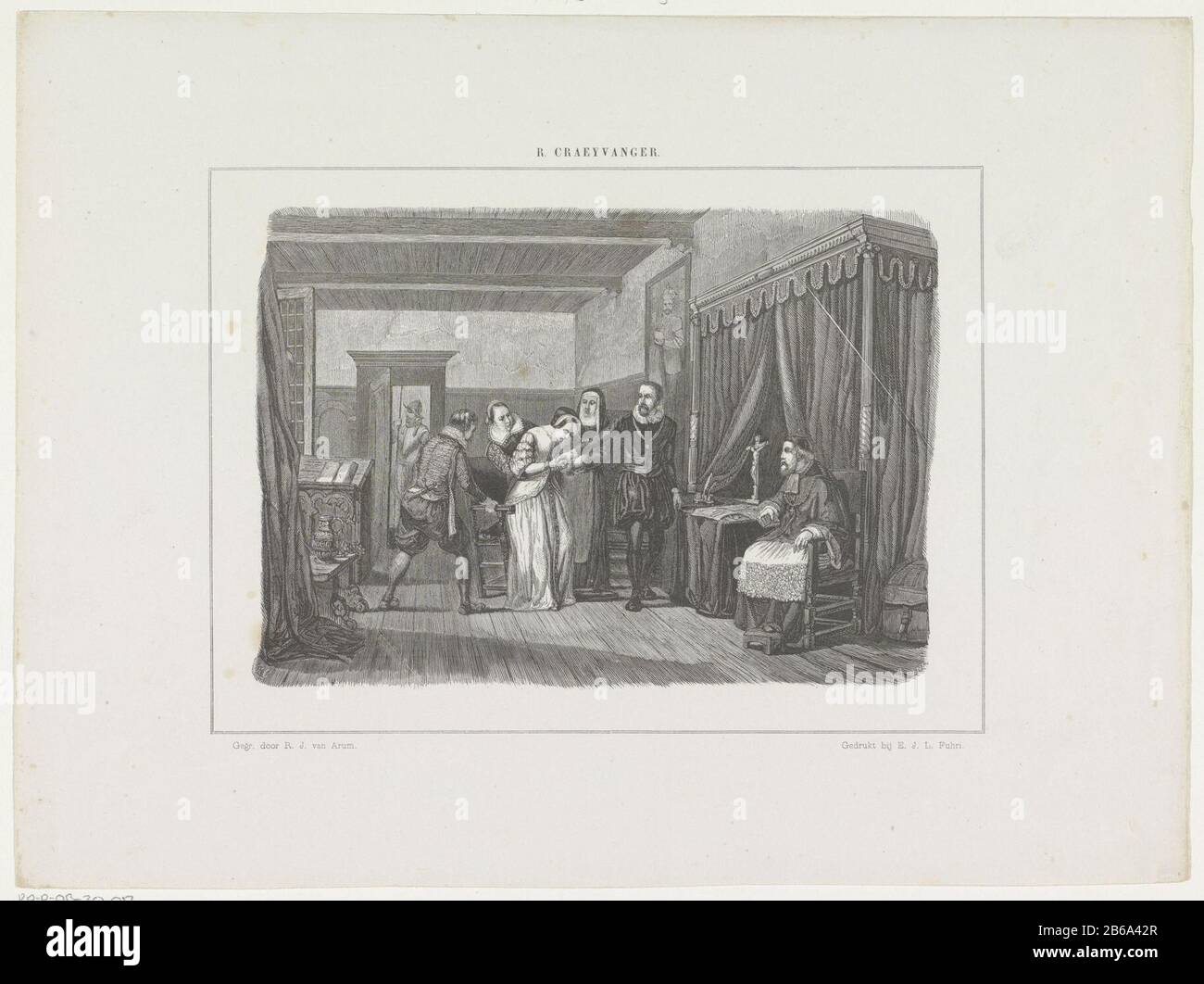 Auf Wiedersehen in Lamoraal verabschiedet SICH eine Frau von Egmond von Lamoraal, während ein Mann und zwei Frauen einen Stuhl hinter sich lassen. Rechts ist ein Mental im Stoel. Hersteller: Druckmaschine: Rombertus Julian von Arum (auf Objekt abgebildet) zur Zeichnung von: Reinier Craeyvanger (auf Objekt angegeben) Schaltfläche: E.J.L. Fuhri (Listed Property) Ort Herstellung: Druckmaschine: Amsterdam Herausgeber: Den Haag Datum: 18-1883 Physische Merkmale: Holz-Enga-Material: Papiertechnik: Holz-Enga-Abmessungen: Blatt: H 270 mm × W 364 mmOnderwerpwie: Lamoral Graf von Egmont Stockfoto