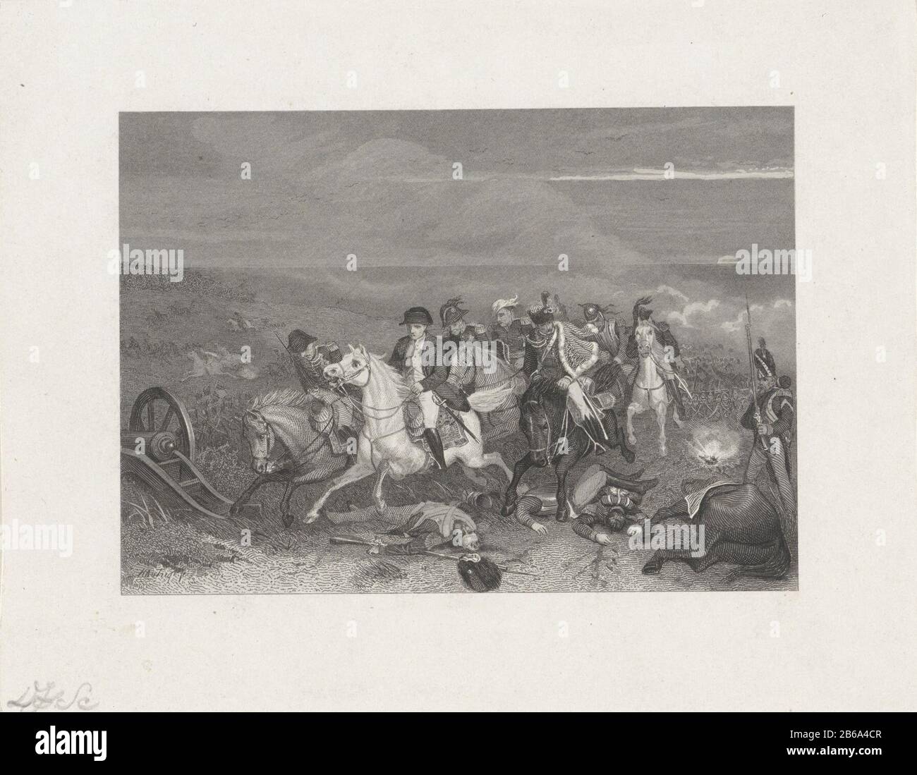 Der Rückzug von Napoleon bei Sonnenuntergang mit seinen Adjutanten aus Slaveld. Hersteller: Druckmaschine Dirk Jurriaan Sluyter (persönlich unterzeichnet) zur Gestaltung: Hautrig (möglich) Herstellung: Amsterdam Datum: 1826 - 1886 Physikalische Merkmale: Ätzmaterial: Papiertechnik: Ätzmaße: Plattenkante: H 121 mm (an Plattenkante geschnitten) × b 153 mm Betreff: Die unterlegene (nach der Schlacht) Battle Waterloowie: Napoleon Bonaparte I. Stockfoto