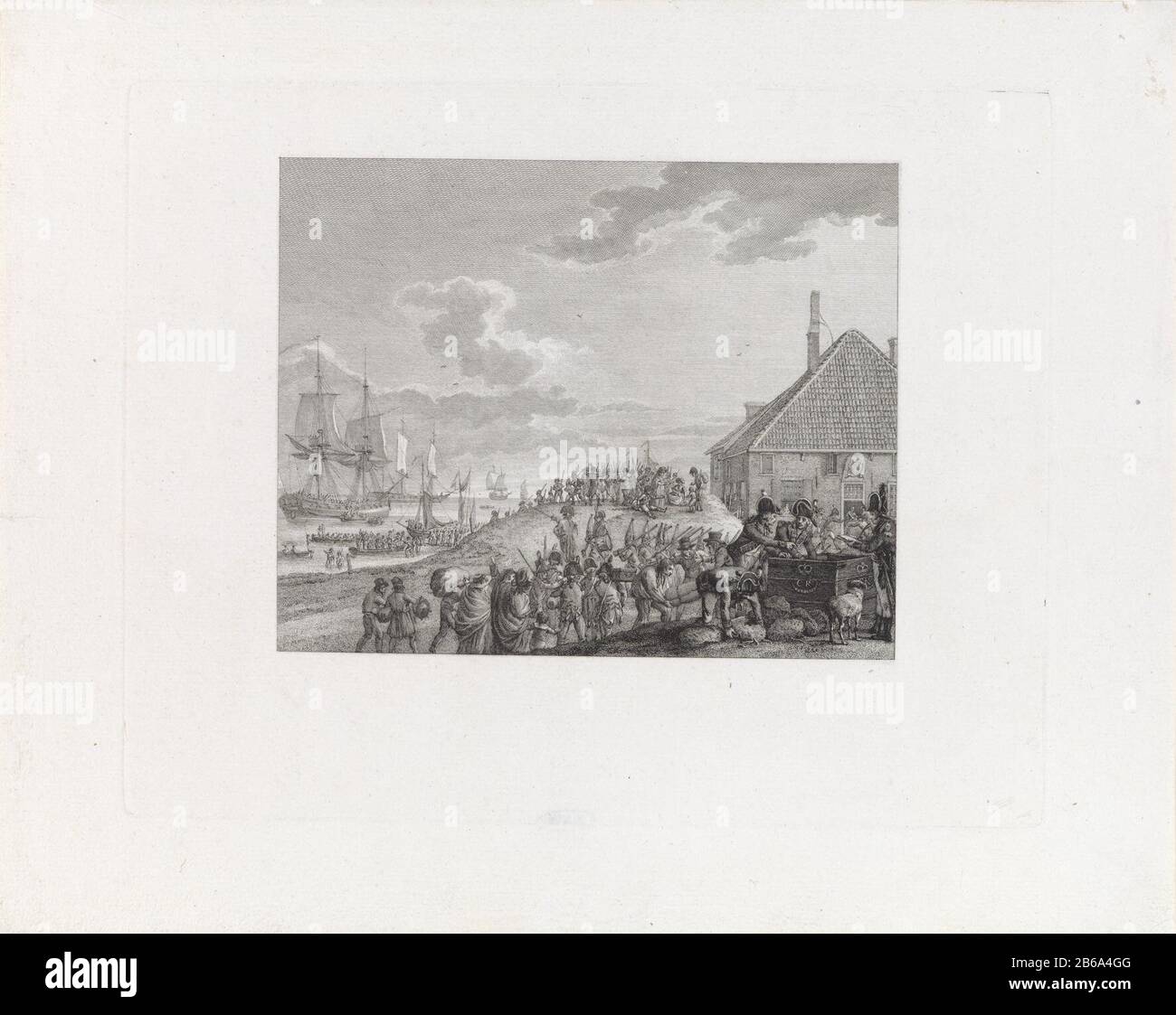 Rückzug der Briten und Russen aus den Helder, 1799 die Soldaten der britisch-russischen Invasoren verlassen den Helder am 29. november 1799. Im Vordergrund steht eine große Brust mit dem bekrönten Monogramm GR gepackt. Im Hintergrund machte lea Männer in Booten zum ausfahrenden Schepen. Hersteller: Druckmaschine: Reinier Vinkeles (I) zum Zeichnen: Dirk Langendijk Herstellung: Niederlande Datum: 1800 - 1802 Physische Merkmale: Ätzung und Engras, Proofing vor dem Briefmaterial: Papiertechnik: Ätzung / Engras (Druckverfahren) Messungen: Plattenkante: H 224 mm × W 280 mmToelichtingGebruikt als Abb. Stockfoto