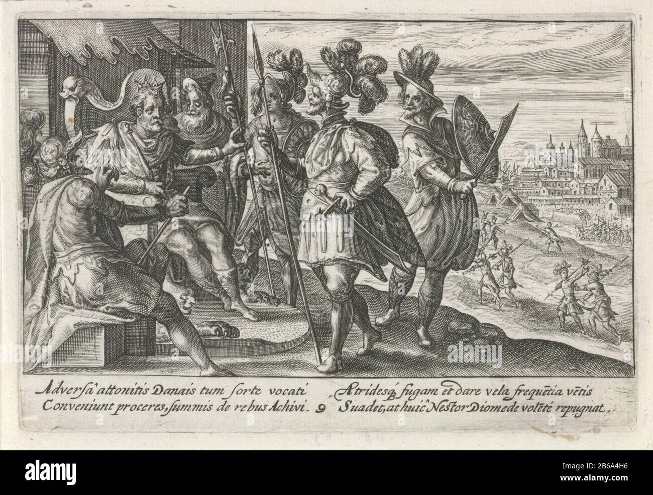 Agamemnon rät den Griechen Speculum Heroicum Homeri (Serientitel) Agamemnon, den Kampf aufzugeben. Nestor widerspricht ihm jedoch. Am Rand einer vierzeiligen Signatur, in zwei Spalten, im Latijn. Hersteller : Druckmaschine: Crispijn von de Passe (I) Ort Herstellung: Utrechter Datum: 1613 Physikalische Eigenschaften: Engra-Material: Papiertechnik: Engra (Druckverfahren) Messungen: Plattenkante: H 84 mm b × 125 mmToelichtingPrent auch verwendet in: Isaac Hilaire, Speculum Heroicum Homeri. Arnhem: Jan Jansz, 1613. Betrifft: Agamemnon - Am Wichtigsten hat Nestor - Die Meisten importiert Stockfoto