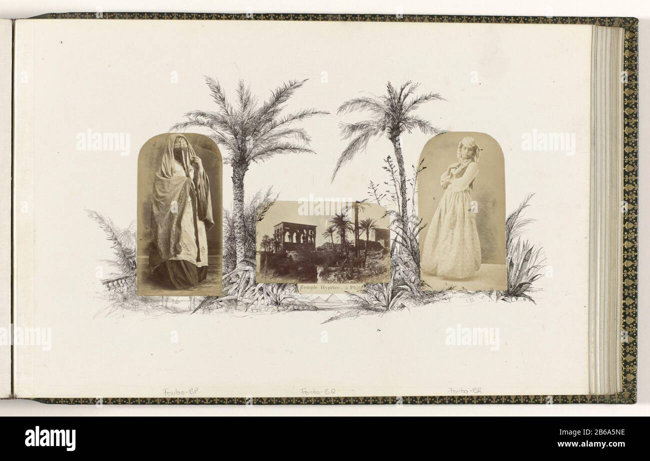 Album mit Bildern und signierten Verzierungen in Indischer Tinte ägypten, Genreporträt junger Frau in Kostüm, gefüttert von Zeichnung Palmenobjekt Typ: Bild Artikelnummer: RP-F-F01160-BR Hersteller: Fotograf: Anonym Datum: 1870 - ca. 1880 Physische Merkmale: Albumdruck: Albumin Druckthema: Ägypten Stockfoto