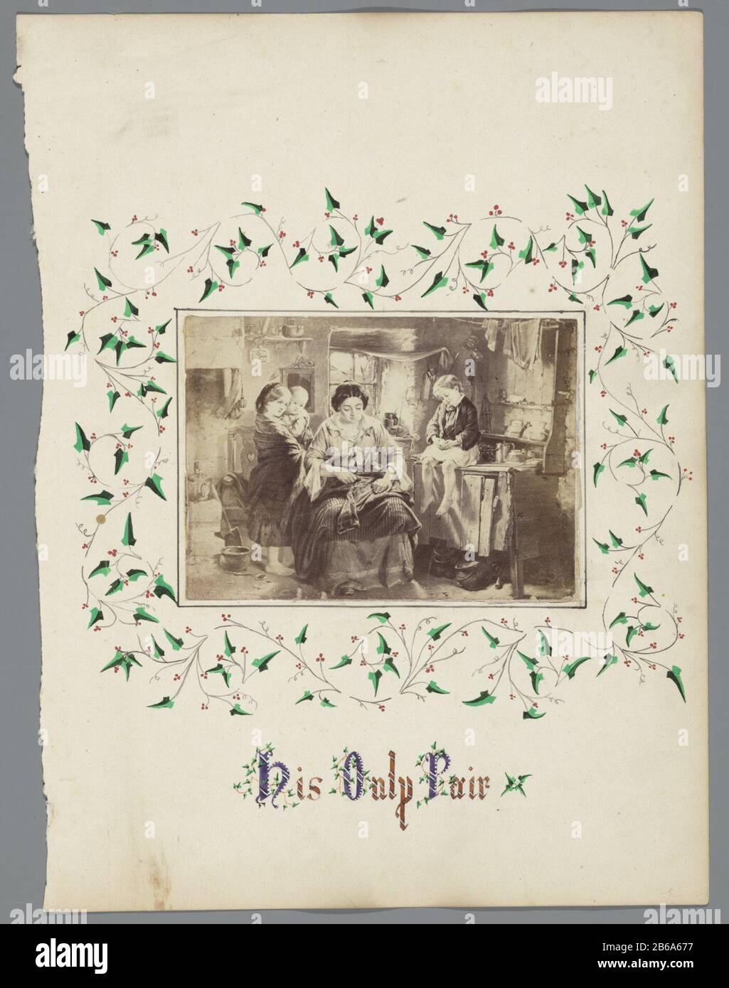 Albumblad Seine einzige Albumseite (Titel op object) mit Fotos des Gemäldes  mit dem Titel "Sein einziges Paar", die einen Jungen darstellt, der: NS- Hosen wiederhergestellt hat. Mit Weinreben mit Beeren und Blättern  dekoriert.
