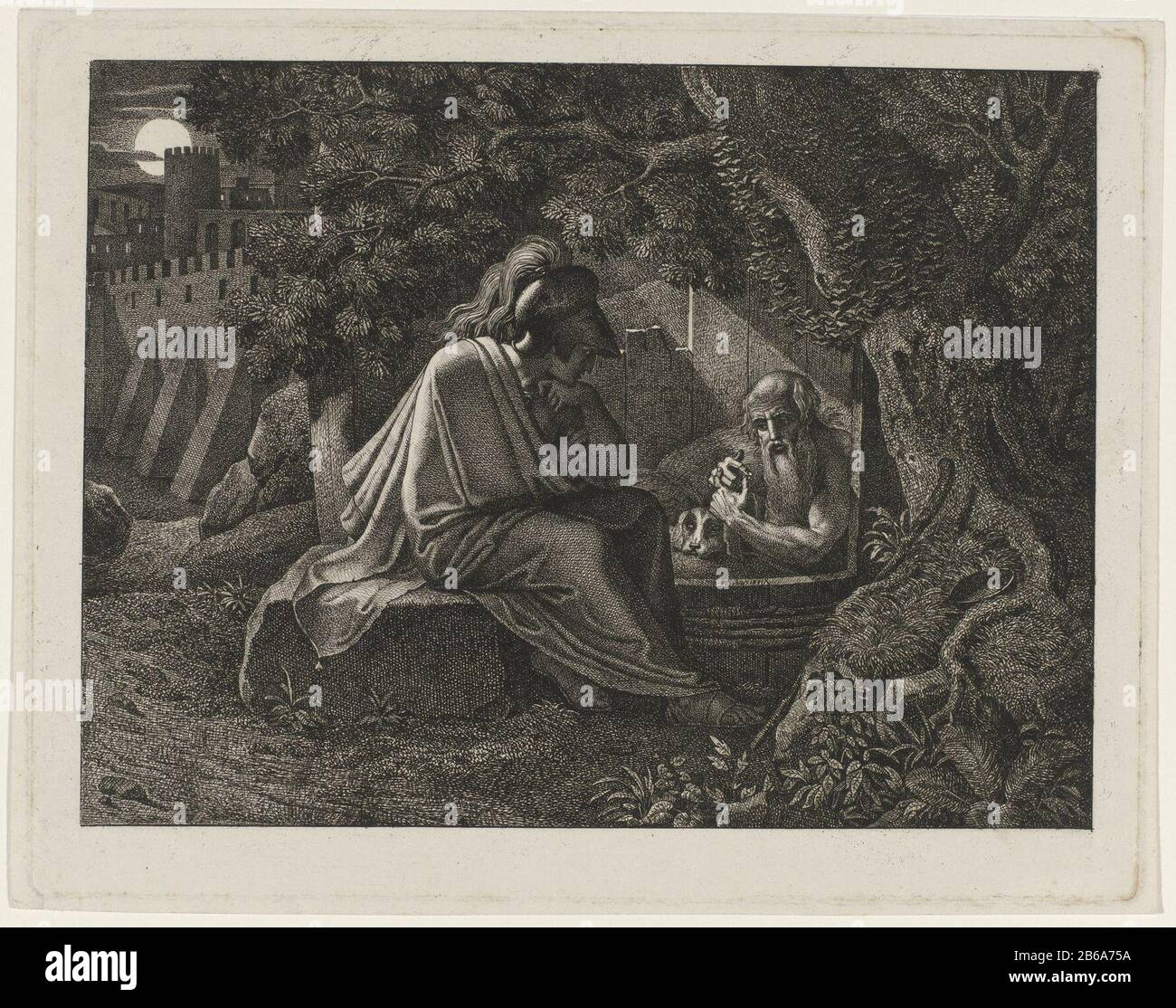 Alexander der Große besucht Diogenes Alexander der Große besucht Diogenes Immobilientyp: Bild-Artikelnummer: RP-P-2012-43Katalogogusreferentie: Nagler Künstlerlexikon 28Aantal gibt bekannt-1 (2) Markierungen / Marken: Sammlermarke, Verso, gestempelt: Lugt 2228 Sammlermarke, Verso, gestempelt: Lugt 2760 Hersteller: Printca Ding Karl Russ: Karl Russ. CA. Physikalische Merkmale von 1815: Ätzmaterial: Papiertechnik: Ätzmaße: Plattenkante: H 235 mm × W 301 mm Subjekt Alexanders Besuch in Diogenes, der an seinem Fass sitzt und Alexander bittet, aus seinem Leigh auszusteigen Stockfoto