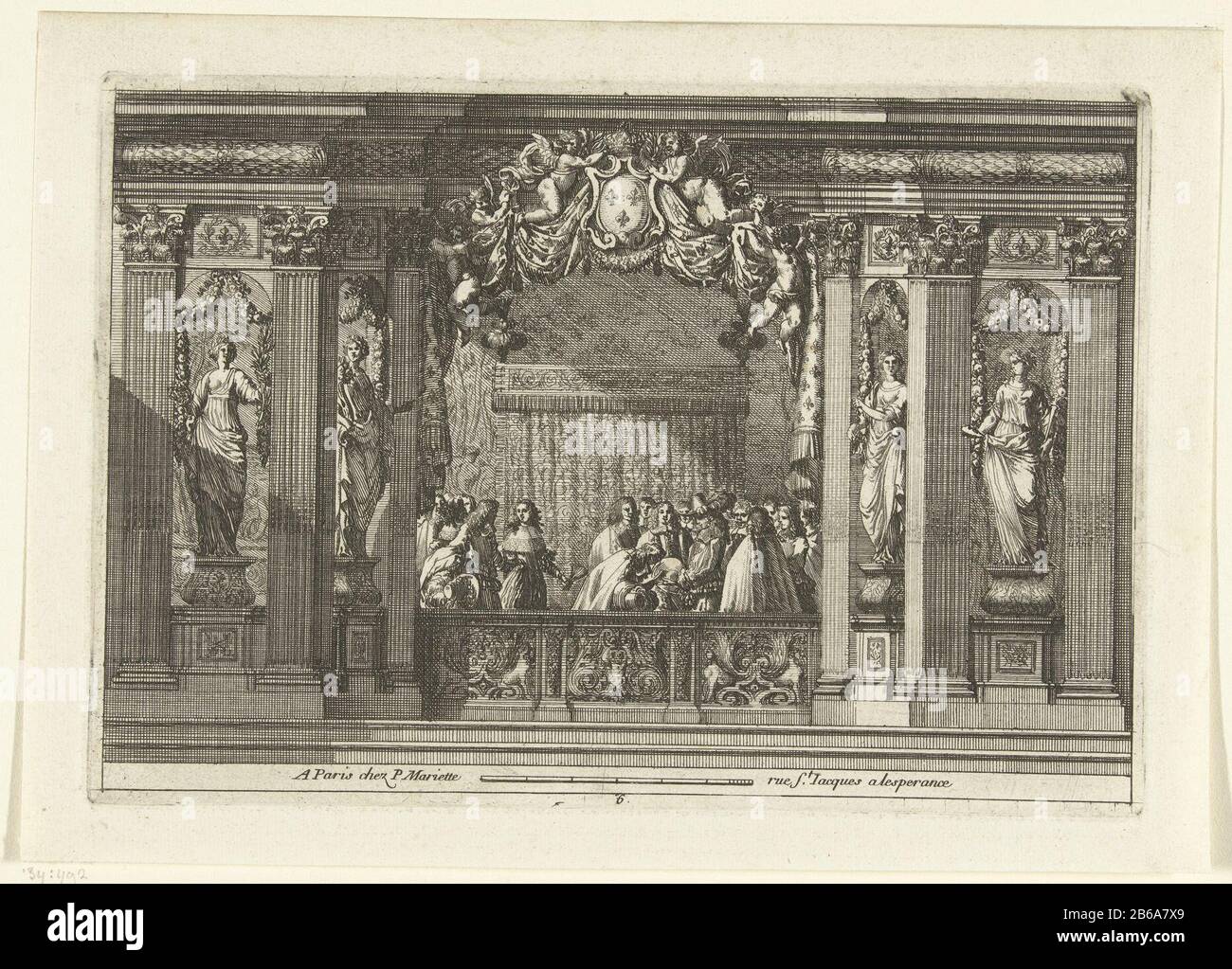 Alkoof Alcoves a la Romaine (serietitel) Auf dem Cornice ist eine Kartusche mit preisgekröntem französischem Königshaus. Das Himmelbett ist von Höflingen umgeben. Zweiter Druck des zweiten Aufdrucks. Hersteller : Druckerhersteller Jean Lepautrenaar eigenes Design: Jean Lepautreuitgever: Pierre Mariette (II) (denkmalgeschütztes Gebäude) Herstellung: Druckmaschine: Frankreich (möglich) in seinem Design: Frankreich (möglich) Herausgeber: Paris Datum: CA. 1656 - ca. 1657 Material: Papiertechnik: Ätzmaße: Plattenkante: H 148 mm × W 214 mm Stockfoto