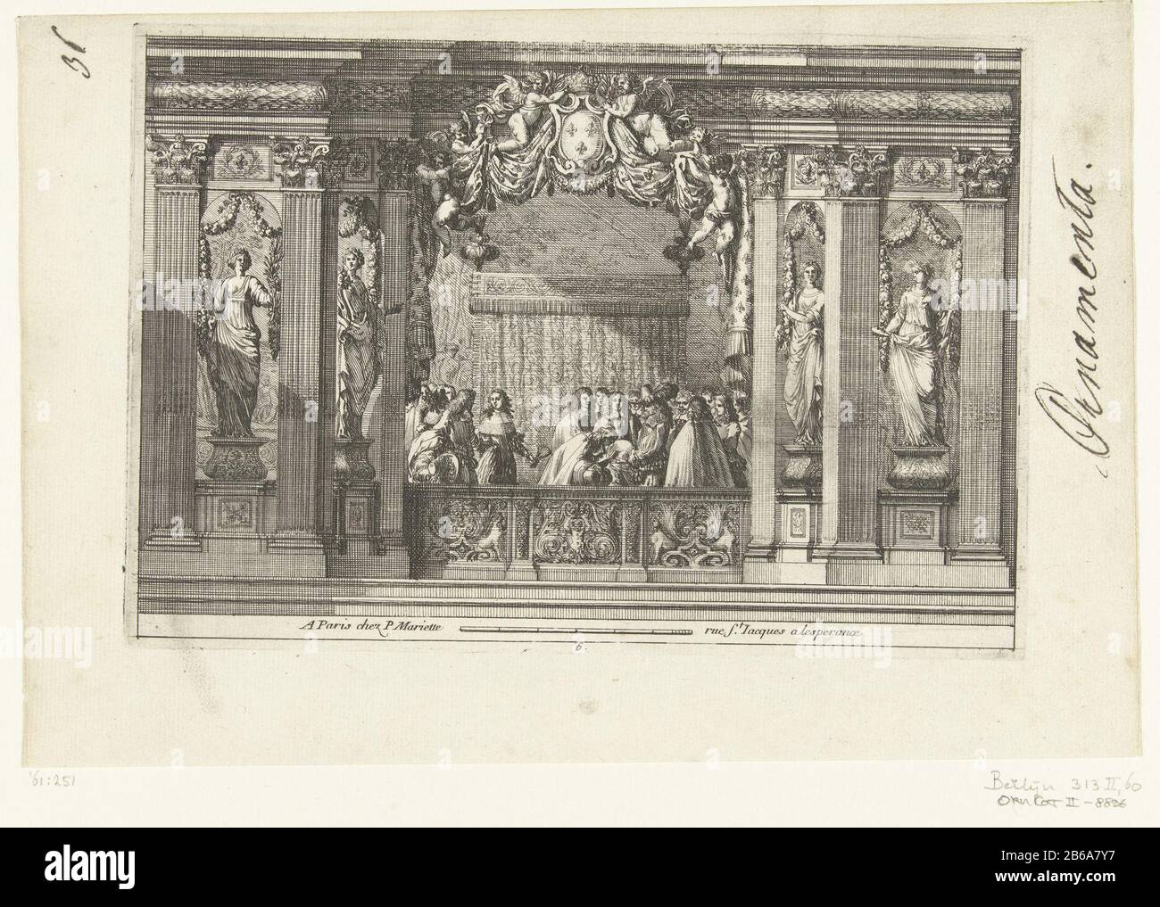 Alkoof Alcoves a la Romaine (serietitel) auf dem Cornice ist eine Kartusche mit französischem Königshaus. Das Himmelbett ist von Höflingen umgeben. Ab zweiter Erbauung. Hersteller : Druckerhersteller Jean Lepautrenaar eigenes Design: Jean Lepautreuitgever: Pierre Mariette (II) (denkmalgeschütztes Gebäude) Herstellung: Druckmaschine: Frankreich (möglich) in seinem Entwurf: Frankreich (möglich) Herausgeber: Paris Datum: CA. 1656 - c 1657 Material: Papiertechnik: Ätzmaße: Plattenkante: H 148 mm × W 214 mm Stockfoto