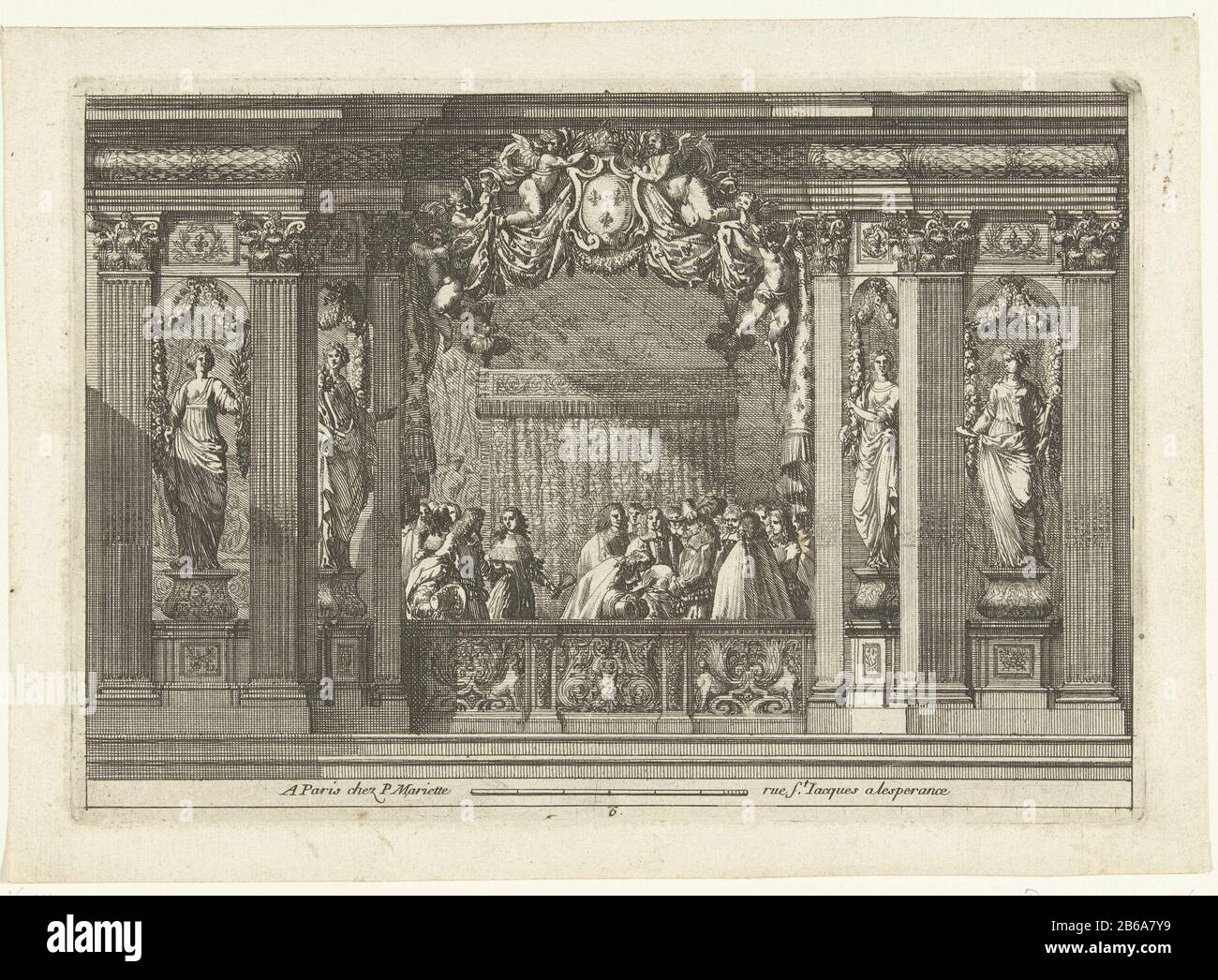 Alkoof Alcoves a la Romaine (serietitel) Auf dem Cornice ist eine Kartusche mit preisgekröntem französischem Königshaus. Das Himmelbett ist von Höflingen umgeben. Dritter Druck von zweiter Erbauung. Hersteller : Druckerhersteller Jean Lepautrenaar eigenes Design: Jean Lepautreuitgever: Pierre Mariette (II) (denkmalgeschütztes Gebäude) Herstellung: Druckmaschine: Frankreich (möglich) in seinem Design: Frankreich (möglich) Herausgeber: Paris Datum: CA. 1656 - ca. 1657 Material: Papiertechnik: Ätzmaße: Plattenkante: H 148 mm × W 214 mm Stockfoto