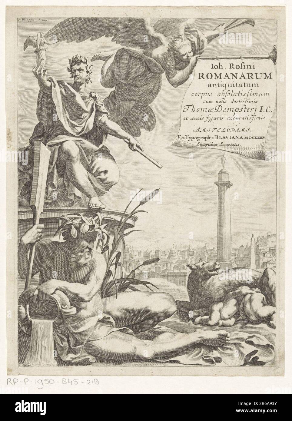 Allegorie der Rom-Titelseite für Joannes Rosinus, Romanarum Antiquitatum, 1685 Figuren, die die Stadt Rom symbolisieren. Im Vordergrund der flussgott Tiber und der Wolf saugen Romulus und Remus, auf einem Sockel eine Statue eines römischen Kaiser. Im Hintergrund ein Blick auf Rom. Ein Engel, der eine Trompete Weht, Wo: Ein Tuch hängt mit dem Titel in Latijn. Hersteller : Druckerhersteller Pieter Philippe (denkmalgeschütztes Gebäude) Herausgeber: Johannes Johannes Son Blaeu (denkmalgeschütztes Eigentum) Ort Herstellung: Amsterdam Datum: 1685 Material: Papiertechnik: Engra (Druckverfahren) Messungen: Plattenkante: H 224 mm × W 167 mmToe Stockfoto
