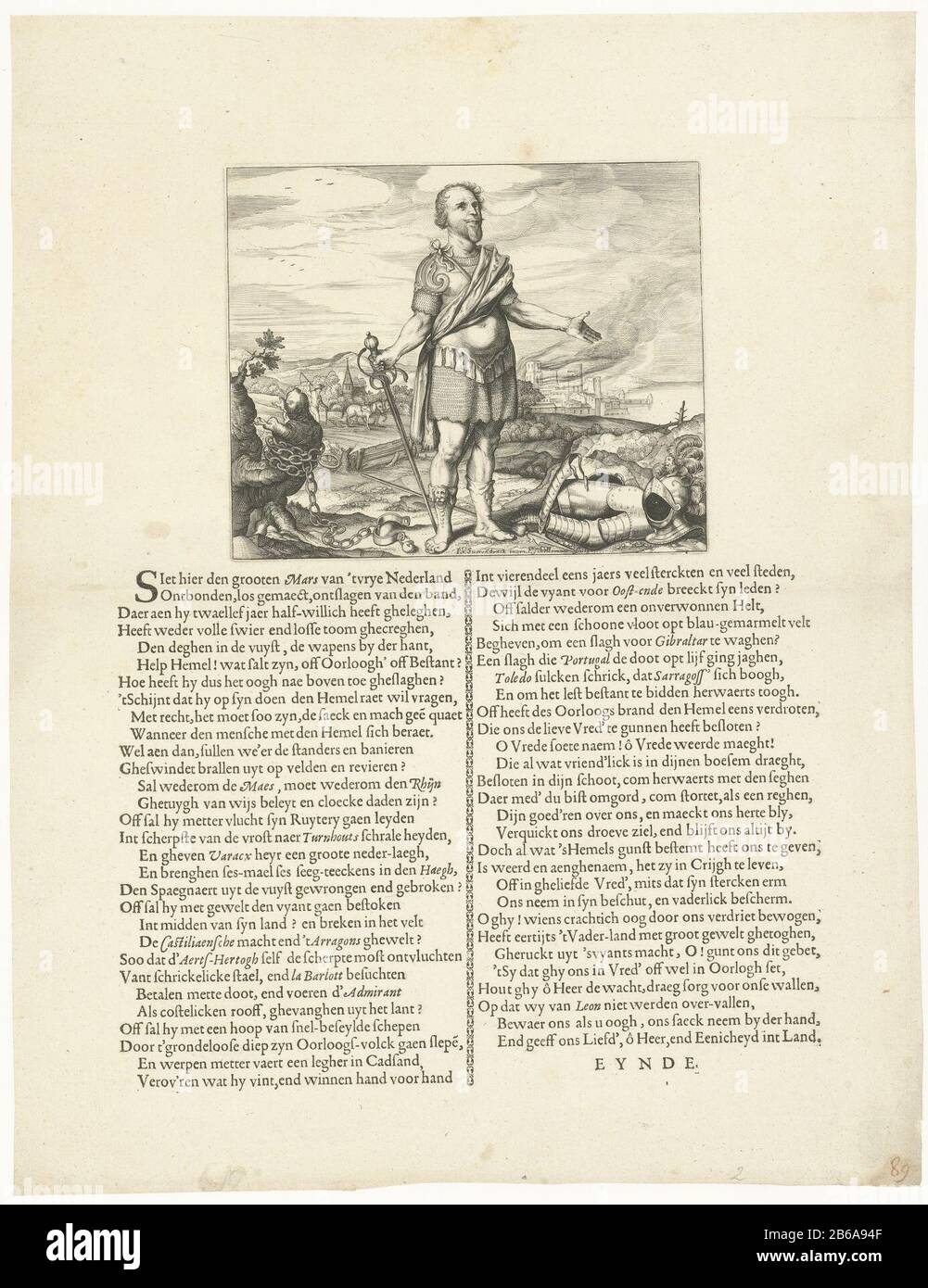 Allegorie Maurice und das Ende der Akte, 1621 Allegorie auf das Ende des Zwölfjährigen Waffenstillstands, 1621. Prinz Maurice, der in einer Landschaft mit schwerem d in der Hand in Richtung Himmel steht, links die zerbrochenen Ketten des Waffenstillstands, rechts eine Rüstung. Unter dem gedruckten Druck stehen neue 2 Säulen auf Niederländisch, beginnend mit: Quarzit hier der große Mars van 't vrye Nederland. Hersteller: Druckmaschine: François Schillemans (auf Objekt angegeben) auf ein Design von: P. van Suerendonck (durch Objekt gekennzeichnet) Herstellung: Nordniederland Datum: 1621 Physische Merkmale: Engra mit Textdruckmaterial: P Stockfoto