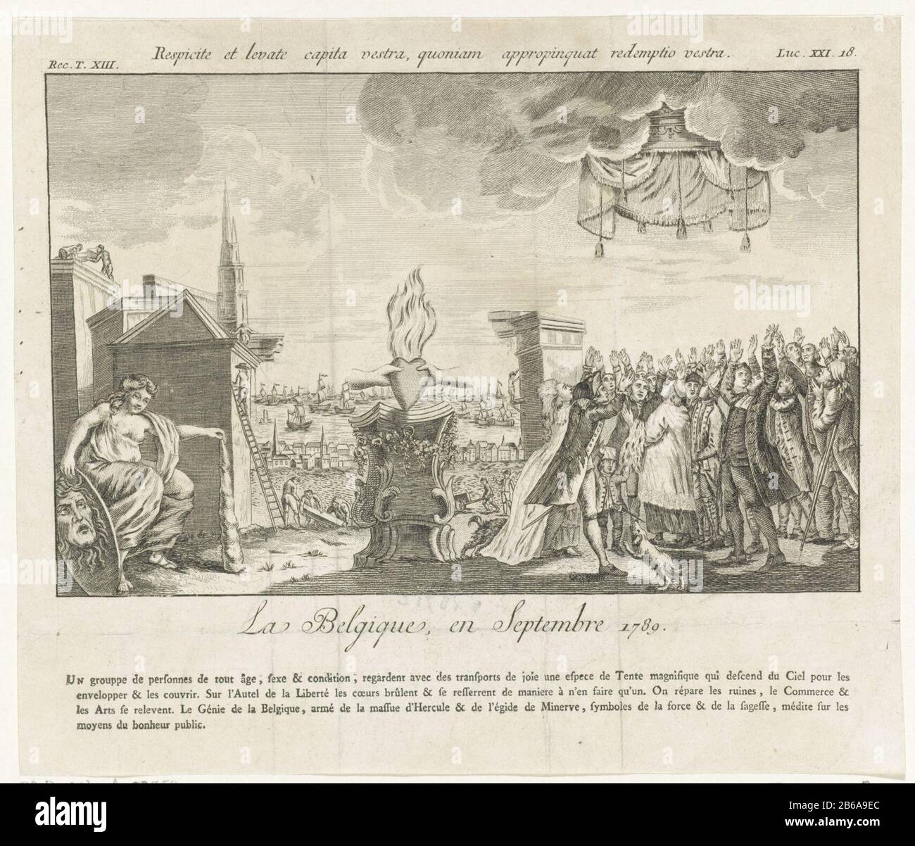Allegorie der brabantischen Revolution, 1789 La Belgique, und Septembre 1789 (Titelobjekt) Allegorie über die brabantische Revolution gegen die österreichische Herrschaft im Jahre 1789. Eine Menge legte die Hände in die Luft, als die Luft von einem Baldachin oder Zelt weg war. In der Mitte das Symbol zweier Hände, die ein flammendes Herz auf einem Altar halten. Links Belgische Jungfrau. Auf dem Tablett unter der Platte ein französisches Team aus vier regalen. Hersteller : Druckmaschine: Anonymer Ort Herstellung: Südniederland Datum: 1789 Physische Merkmale: Engra mit Textdruckmaterial: Papiertechnik: Engra (Druckverfahren) / Druckformate: Blatt: H 219 mm × Stockfoto Allegorie der brabantischen Revolution, 1789 La Belgique, und Septembre 1789 (Titelobjekt) Allegorie über die brabantische Revolution gegen die österreichische Herrschaft im Jahre 1789. Eine Menge legte die Hände in die Luft, als die Luft von einem Baldachin oder Zelt weg war. In der Mitte das Symbol zweier Hände, die ein flammendes Herz auf einem Altar halten. Links Belgische Jungfrau. Auf dem Tablett unter der Platte ein französisches Team aus vier regalen. Hersteller : Druckmaschine: Anonymer Ort Herstellung: Südniederland Datum: 1789 Physische Merkmale: Engra mit Textdruckmaterial: Papiertechnik: Engra (Druckverfahren) / Druckformate: Blatt: H 219 mm × Stockfoto