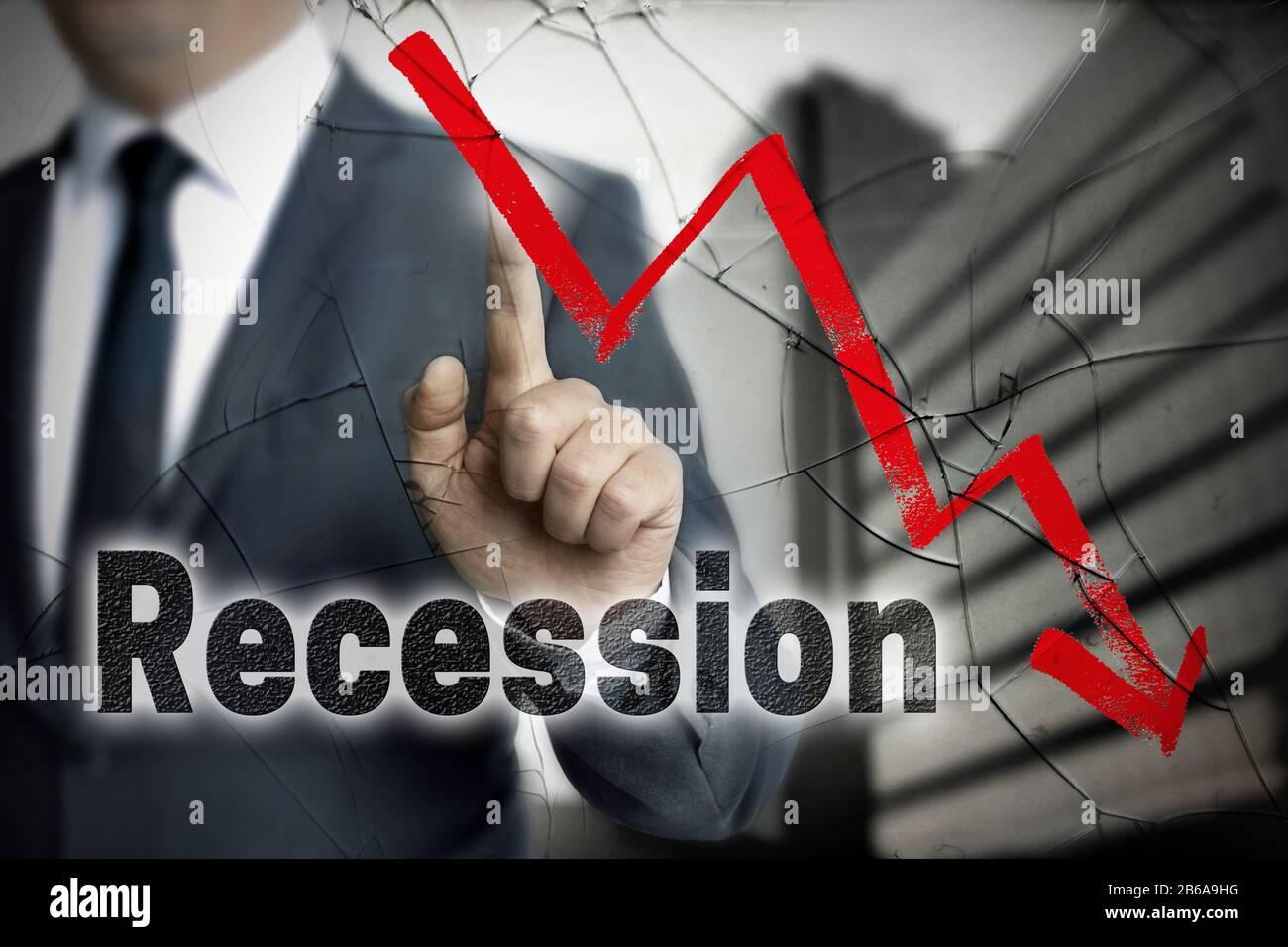 Das Rezessionskonzept zeigt der Unternehmer. Stockfoto