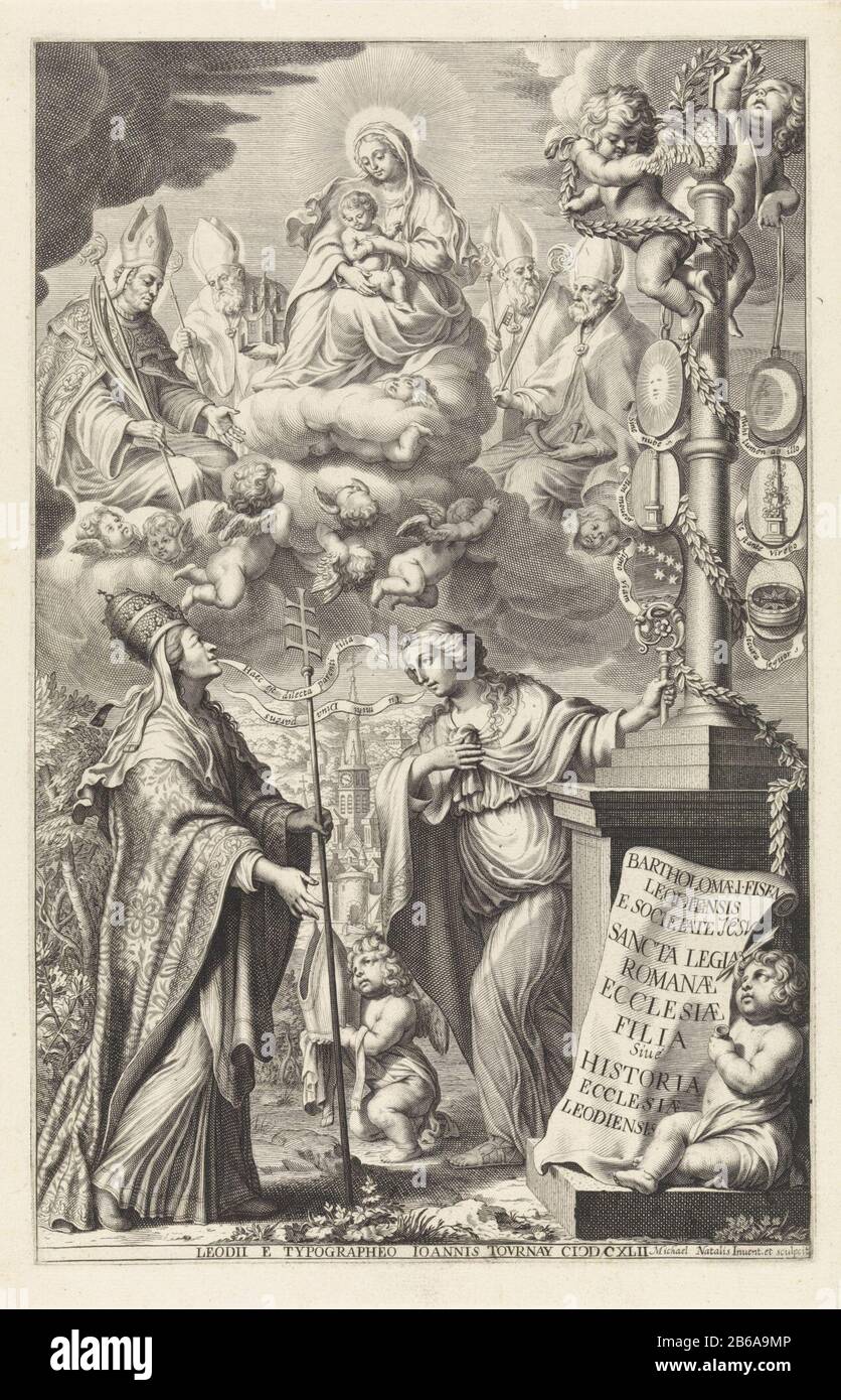 Allegorie der Kirche und der Stadt Lüttich Titelseite für Bartholomaei Fersen, Leodiensis e Societate Jesu (()), 1642 die Personifikation der Kirche, eine weibliche Figur mit päpstlichem Tiara und Zauberstab, aufschauend. Die Wolken sind Maria mit Kind, umgeben von vier Lieben: Maternus, Servaas van Maastricht, Maastricht und Lambertus Hubertus. Über die Personifikation der Kirche hinweg steht die Personifikation der Stadt Lüttich, einer Frau mit einem Stab in der Hand. Vor ihr kniet ein Putto mit einem Mithrer in den Händen der Kirche. Rechts eine Statue, Wo: Sechs Schilde aufgehängt. Im Hintergrund, TH Stockfoto