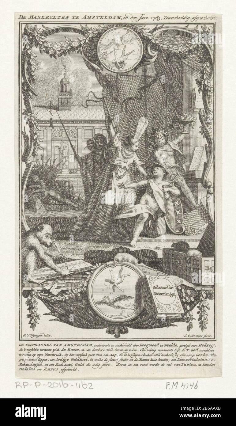 Allegorie der Schwarzen aus Kohlenstoff in der Bank, Amsterdam, durch den Wechselwindhandel Der Bank Carbon Blacks zu Amsteldam, im Jahr 1764, symbolisch umrissen (Titelobjekt) Die Anschuldigung der Konkurse an der Amsterdamer Börse durch den Wechselwindmarkt im Jahr 173. Der Handel Amsterdam (Merkur) ist von Stolz und Reichtum getrieben. Im Vordergrund eine leere Geldbox, lias unbezahlte Rechnungen und ein Affe, der die Buchhaltung führt. Im Hintergrund dunkle Wolken über der Amsterdamer Börse. Am unteren Rand ein zesregeliger niederländischer Tekst. Hersteller: Druckerhersteller Jan Caspar Philips ( Stockfoto