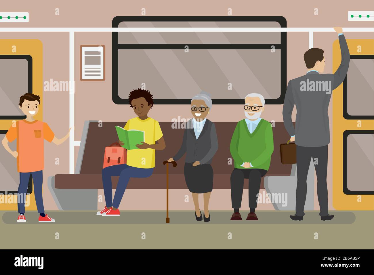 Cartoon U-Bahn S-Bahn-Innenraum mit Pendlerpassagieren Sitzen, Lesen und stehen.Menschen verschiedener Alters und Rassen.Flat Vector i Stock Vektor