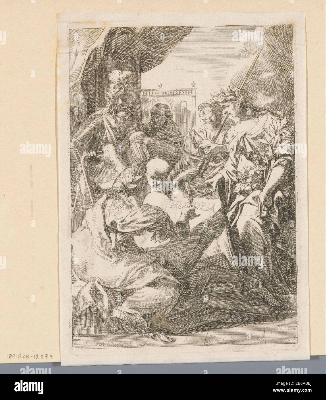 Allegorie Historiographie Verschiedene Designs (Serientitel) Verschiedenes Opera Historica, Poetica & Iconologica (Serientitel) im Vordergrund Historia, in einem Buch geschrieben. Zu ihren Füßen steht ein Stapel Bücher, ein Basiswerk von Herodot. Um ihre fünf allegorischen Figuren: Mars, Faith, Father Time, Justice und Ceres. Hersteller : Druckhersteller Samuel Bottschild (denkmalgeschütztes Gebäude) im Entwurf: Samuel Bottschild (denkmalgeschütztes Gebäude) Herausgeber: Johann Christoph Weigelplaats Herstellung: Druckmaschine: Deutschland Herausgeber: Dresden Datum: 1693 Material: Papiertechnik: Ätzmaße: Plattenkante: H 180 mm Stockfoto