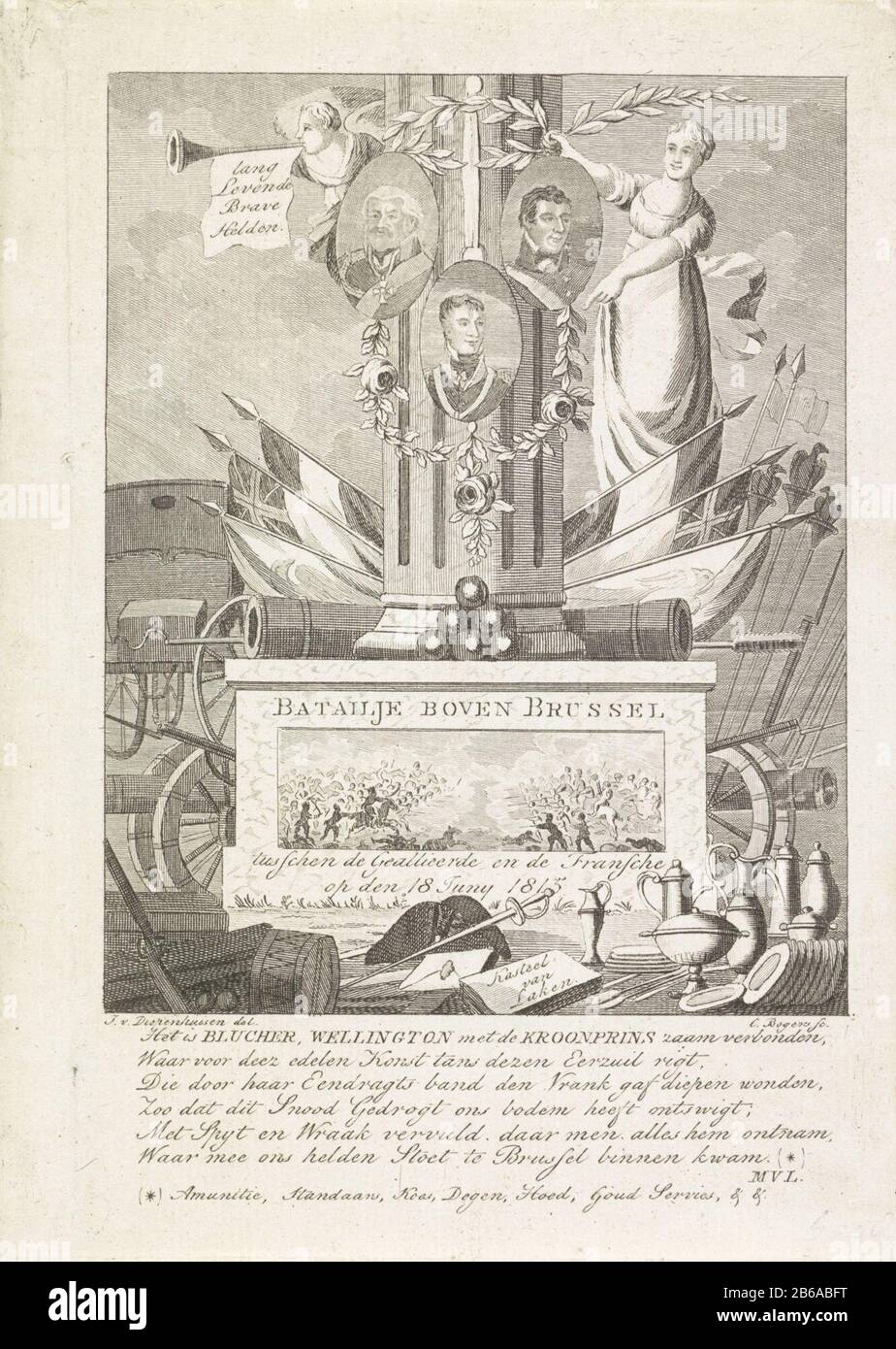 Allegorie auf die Helden der Schlacht von Waterloo, von 1815 Behauptet Den Sieg der Verbündeten bei der Schlacht von Waterloo am 18. Juni 1815. Zentral, Wo eine Säule: Die Porträts von Wellingon, Blücher und dem Fürst von Orange. In der Spalte eine Darstellung der Schlacht von Waterloo. Die Luft bläst Fame auf ihre Trompete. Direkt an der Säule zeigt die Concord auf die Porträts der drei Helden. Waffen und Möbel aus der Front und bemerkte ein Bündel Papier "Schloss von Laeken, die Linke gewann den Wagen Napoleon. In der Bildunterschrift ein sechszeilige Vers. Hersteller: Druckerhersteller Cornelis Bogerts (börsennotiertes Objekt Stockfoto