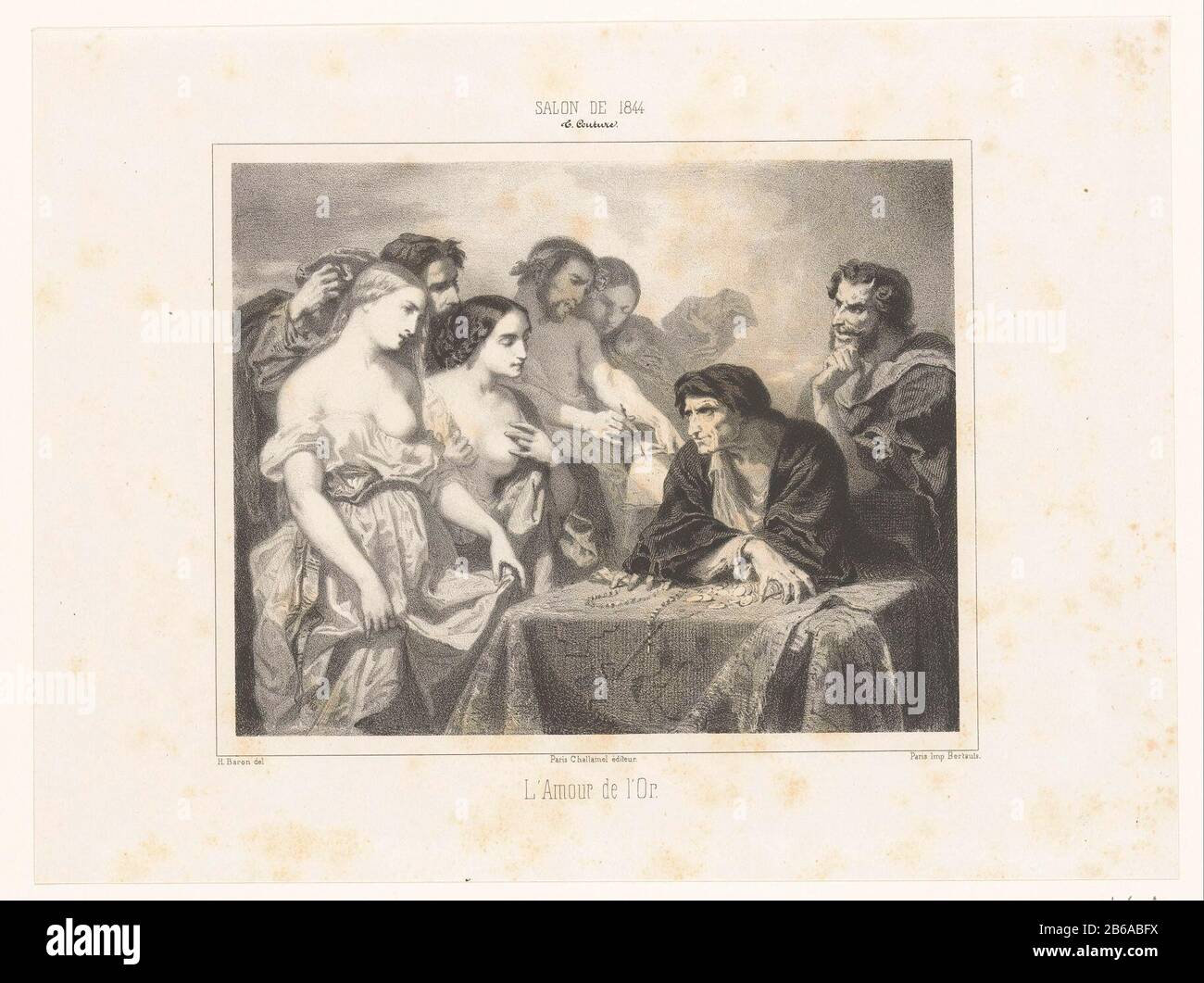 Allegorie auf den Gier L'amour de l'Or (Titelobjekt) Salon 1844 (Serientitel), der Salon 1844 (Serientitelobjekt) der Vermisster hinter dem Tisch mit goldenen Münzen und Schmuck personifiziert die Avaria oder Gier. Die allegorischen Figuren, die ihn neben den Dingen darstellen, die seinen Wunsch nach Gold als kostbare Kleidung und schöne Frauen anheizen. Hinter dem Mist steht ein Duivel. Hersteller: Druckerhersteller Henri Charles Antoine Baron (denkmalgeschütztes Eigentum) entworfen von: Couture (denkmalgeschütztes Gebäude) Drucker: Victor Jacques Bertauts (denkmalgeschütztes Gebäude) Herausgeber: Augustin Challamel (denkmalgeschütztes Eigentum) Ort Herstellung: Paris Stockfoto
