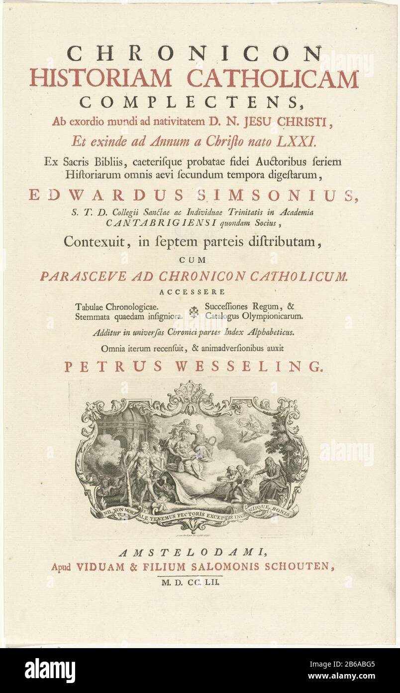 Allegorie auf der Seite "Inspiration Title" für P Wesseling, Chronicon historiam catholicam complectens, 1752 Anschuldigung der Inspiration. Auf der linken Seite befindet sich Herkules, der ein Tuch hält, das von "Where: Of" und "Fortibily" flankiert wird. Richtig stehender Putti mit einem Bildschirm in den Händen, ein dritter Putto brennt zusammen mit einem verschleierten Frauenbücher. In der Luft wird der Sitz des Art Write, der durch einen Putto und eine allegorische Figur mit dem Ewigkeitssymbol identifiziert wurde, in ihren Händen geehrt. Minerva hält als Inspiration den Arm der Write Art VAST. Hersteller: Druckmaschine: Adolf van der Laan (auf Objekt angegeben) auf ein Design von: A Stockfoto