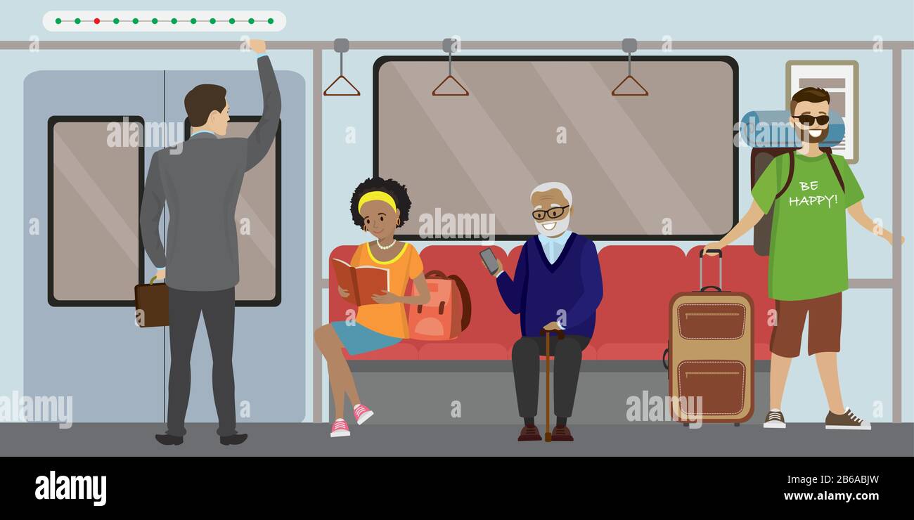 Cartoon U-Bahn U-Bahn modernes Interieur mit Pendlerpassagieren sitzend, lesend und stehend, flache Vektorgrafiken. Stock Vektor
