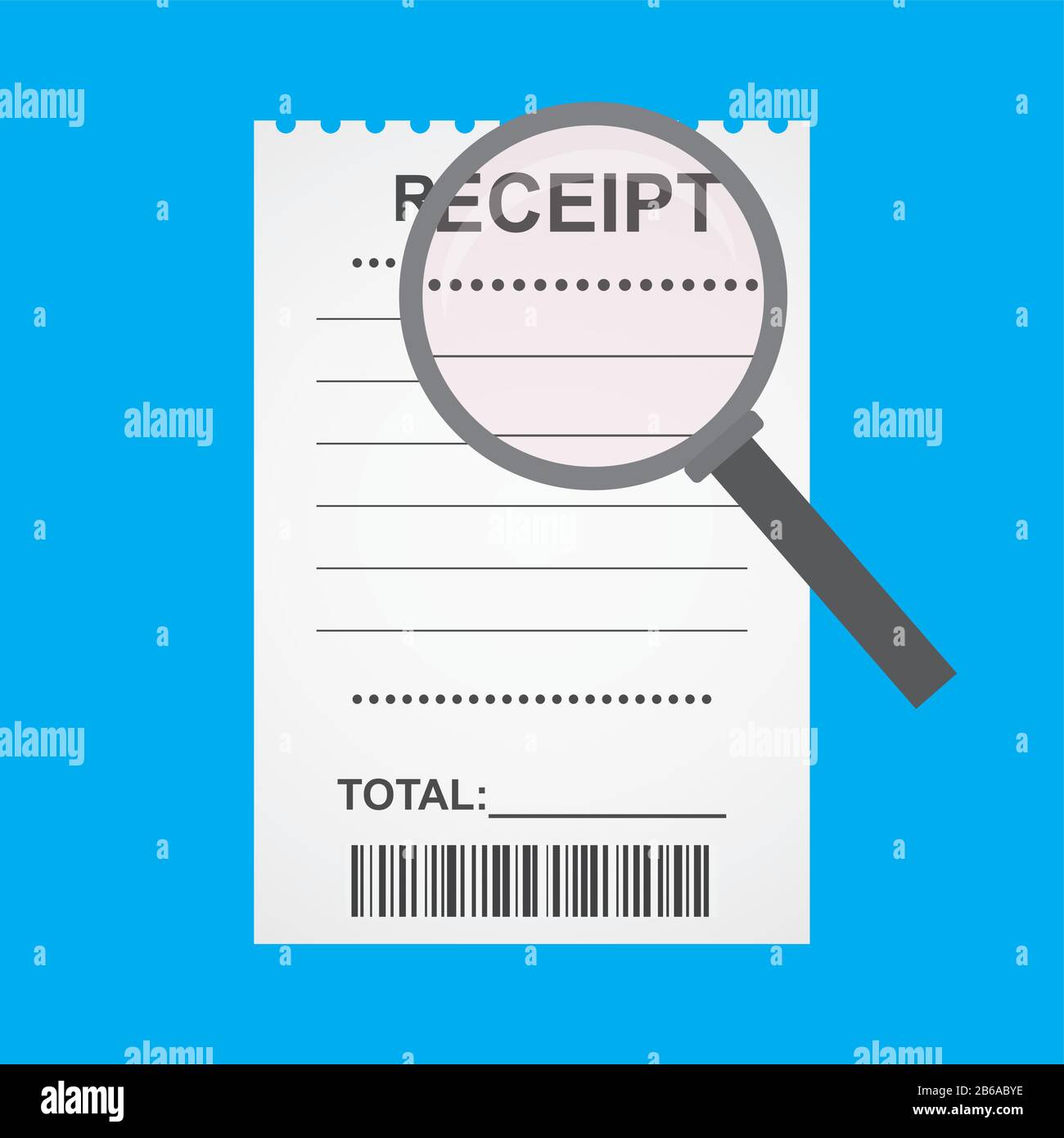 Leerer Beleg mit Barcode und Lupe, isoliert auf blauem Hintergrund, flache Vektorgrafiken Stock Vektor