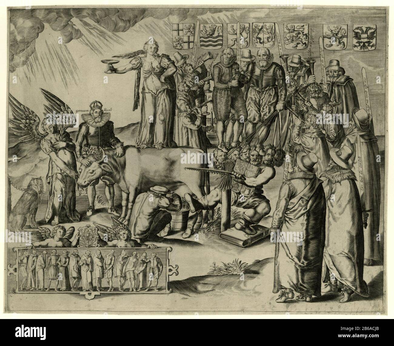 Allegorie auf die Situation in den Niederlanden ca. 1619 Allegorie auf die Situation in den Niederlanden, ca. 1619 Objekttyp: Print Propaganda Bild Artikelnummer: RP-P-1931-63Catalogusreferentie: FMH 1417-AOmmerking (hinzugefügte Nummer RPK) Beschreibung: Politische und religiöse Allegorie auf die Situation in den Niederlanden um 1619. Ein Monster mit sieben Köpfen, Wo: Offenbar ein Symbol der Arminischen Partei, das Bündel von Pfeilen der Republik zu durchsehen versucht. Die Probe wurde jedoch von William Louis, dem Gouverneur von Friesland, und Prinz Maurits auf den Köpfen der in Schach gehalten Stockfoto