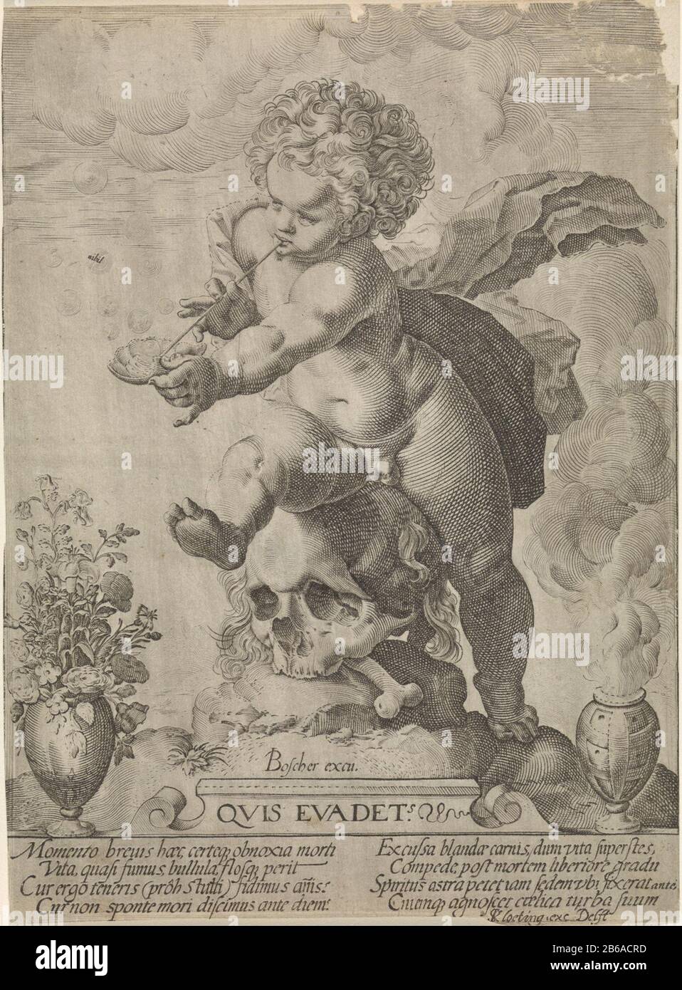 Allegorie auf die Vergänglichkeit Quis evadet (Titelobjekt) EIN Putto, der auf einem Schädel sitzt und Blasen blasen. Hinterließ eine Blumenvase und hinterließ ein rauchendes Fass. Unter den zwei vierzeiligen Versen in Latijn. Hersteller : Druckmaschine: Anonym zu drucken von: Hendrick Goltzius (Studio) Herausgeber: Simon Kloeting (Listed Property) Ort Herstellung: Delft dating: 1645 - 1674 Physikalische Merkmale: Fahrzeugmaterial: Papiertechnik: Engraa (Druckverfahren) Abmessungen: Blatt: H 210 mm × W 154 mm Subjekt (Kinder oder Putti) Blasen, "Homosexuelle Bulla" Szene symbolisiert "Vanitas" Stockfoto