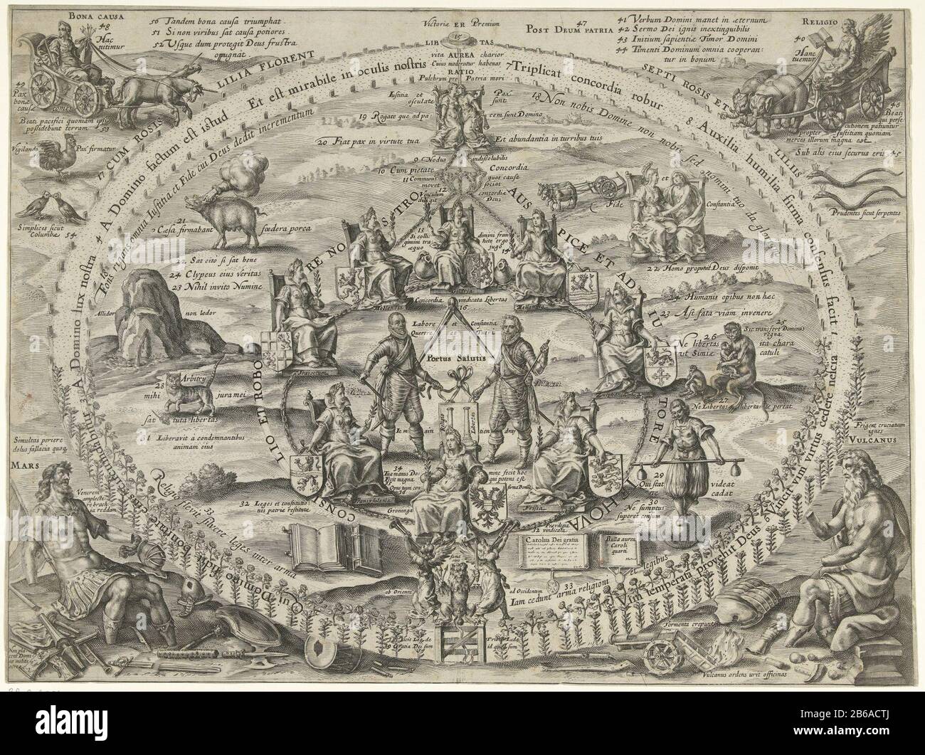 Allegorie der Verbundenheit innerhalb der Republik während des Waffenstillstands, 1609 Victoriae Premium (Titelobjekt) Allegorie der Verbundenheit innerhalb der Republik während des Waffenstillstands, 1609. Ein großer holländischer Garten mit Rosen und Lilien im mittleren Prinz William I., Fürst Maurits der Arme mit zwei Säulen Der Religionsfreiheit (Religio Libertas), der zwischen den sieben durch Ketten verbundenen Regionen steht. An der Spitze der umfassenden Gerechtigkeit (Gerechtigkeit) und des Friedens (Pax) zum Land mit Freiheitshut, Glauben (Glauben) und Constantia (Firmung) und anderen symbolischen Elementen (Affe, Schwein, Katze und Maus, akrobatbal Stockfoto