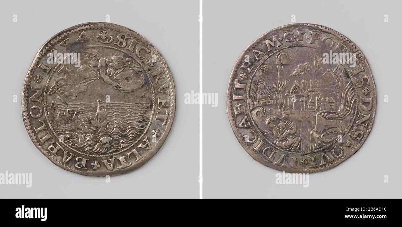 Allegorie auf den erwarteten Fall des römischen katholischen Glaubens Zilveren Penning. Voorzijde: Engel wird in zee molensteen Keerzijde: Brandende stad Rome; op voorgrond treurende vrouw en opschrift ORO bonnen omschrift Hersteller : anoniem dating: 1584 Material: Zilver Techniek: Slaan Dimensions: D 3,1 cm. × g 5,22 gr Datum: 1584 - 1584 Stockfoto