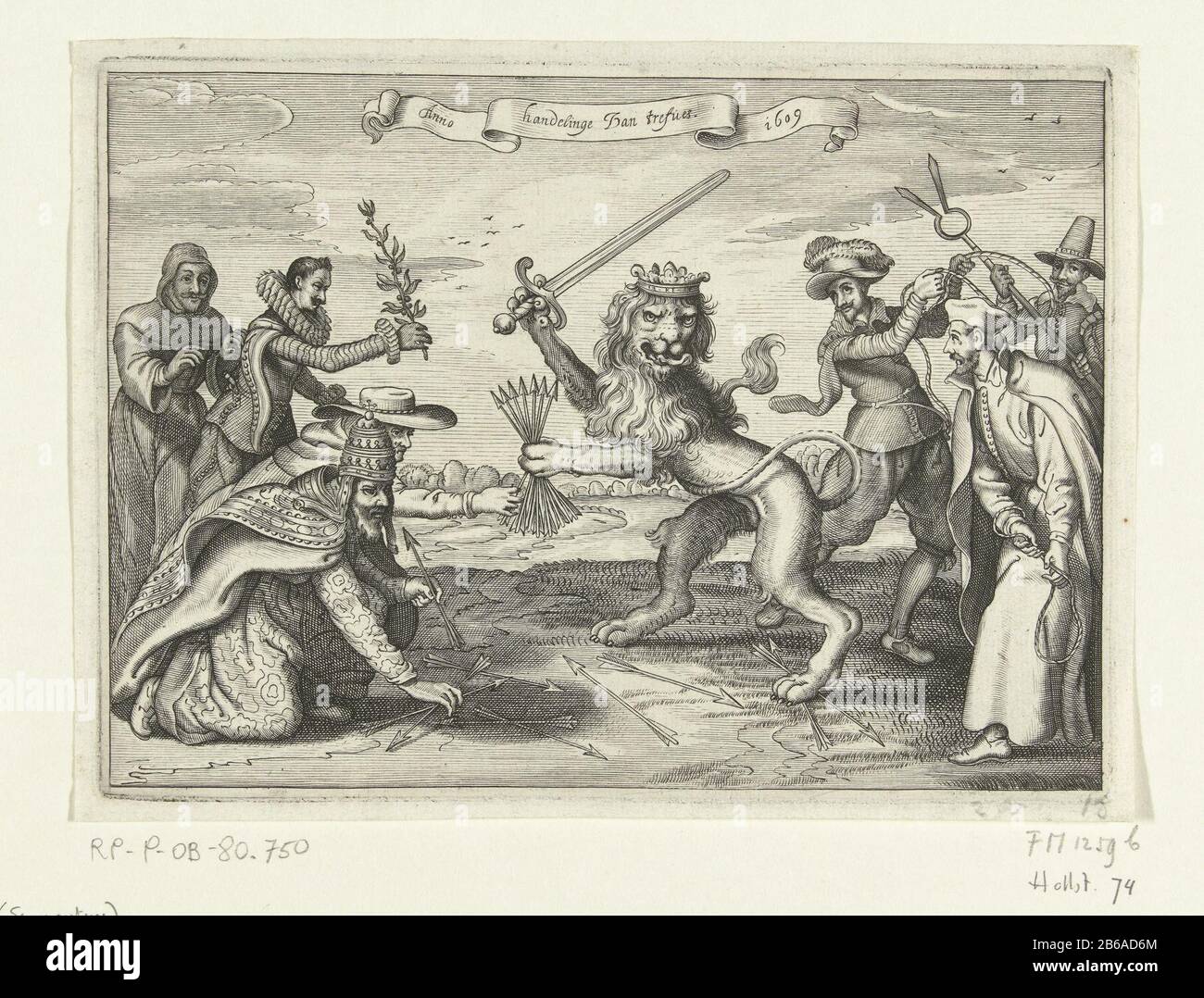 Die Anschuldigung der Friedensverhandlungen für die Akte 1609, die von den Trefues Anno 1609 (Titelobjekt) Herrüttet, Der Anschuldigung der Friedensverhandlungen für die Akte, 1609. Der kämpferische freie holländische Löwe zwischen den noch unter spanischer Herrschaft stehenden Vertretern der Niederlande, Jan Neyen und Ambrogio Spinola, Und Vertreter der Römisch-katholischen Kirche (Papst, Kardinal, Jesuit). Ohne die Symbole und nicht auf achterzijde gedruckt. Hersteller : Druckmaschine: Pieter Serwoutersnaar Zeichnung von: Adriaen Pietersz. Von der Venne Herstellung: Nordholländer Datum: 1624 - 1626 Physikalische Eigenschaften: Ätzmaterial Stockfoto