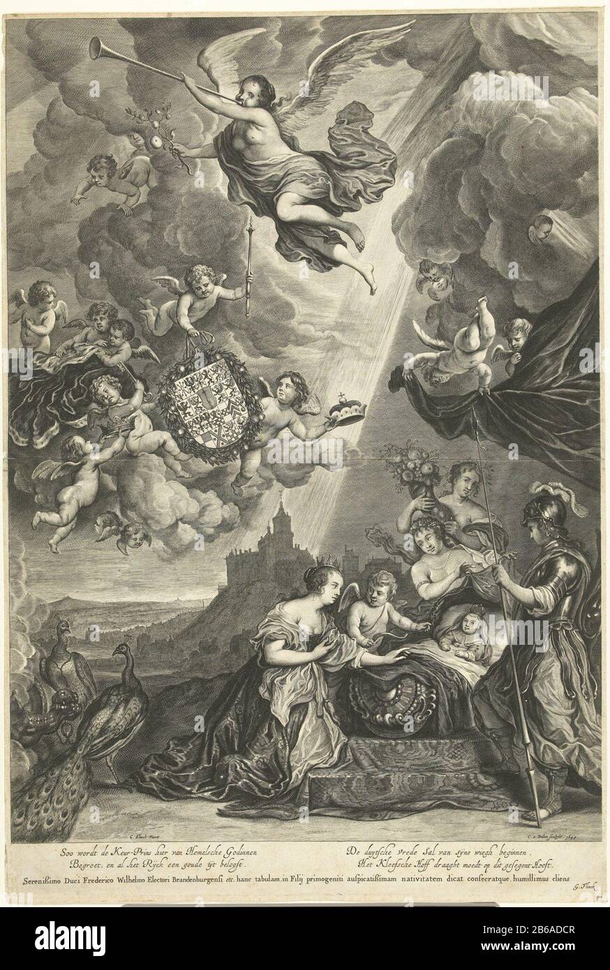 Die Allegorie der Geburt von William Henry, dem Prinz von Brandenburg im Jahre 1649, Der Geburt von William Henry, dem Prinzen von Brandenburg im Jahre 1649. In Der Wer: G ist der Prinz umgeben von Juno, Minerva und Überfluss. Die Luft bläst Ruhm auf Lob und kleine Engel tragen Symbole für die zukünftige Kraft des Neugeborenen. Die Landschaft im Hintergrund ist die Schwanenburg, der Hof von Cleves. Im unteren Bereich Dutch Fresh Four regels. Hersteller: Druckerei-Hersteller Cornelis van Dalen (II) (denkmalgeschütztes Gebäude) zum Gemälde von Govert Flinck (denkmalgeschütztes Gebäude) gewidmet: Friedrich Wilhelm von Brandenburg (I) (aufgeführt o Stockfoto