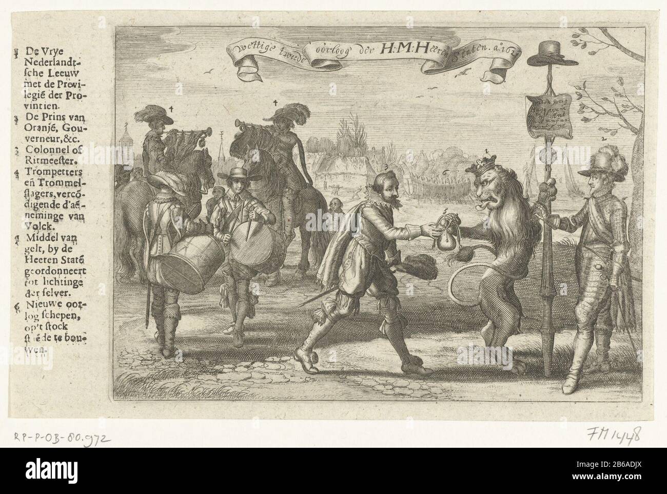 Allegorie am Ende des Zwölfjährigen Waffenstillstands, 1621 Legitimer zweiter Krieg der HMHeeren States ao 1621 (Titelobjekt) Allegorie über das Ende des Zwölfjährigen Waffenstillstands und die Wiederaufnahme des Krieges, 10. April 1621. Der holländische Leo überreicht dem Militär das Geld, um den Kampf wieder aufzunehmen und neue Schiffe zu bauen, rechter Prinz Maurice. Linke Taste 1-6. Auf der Rückseite mit Text und Muziek gedruckt. Hersteller : Druckerhersteller Pieter SerwoutersPlaats Herstellung: Nordholländer Datum: 1624 - 1626 Physische Merkmale: Engra mit Textdruckmaterial: Papiertechnik: Engra (Druckverfahren) / Druckformate: Stockfoto