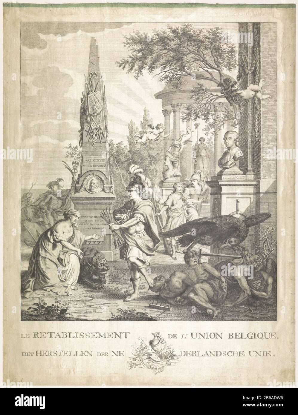 Allegorie auf die Wiederherstellung der niederländischen Union, "Le retablissement de l'Union Belgique Repairing of the Dutch Union" (Titelobjekt), Anschuldigung über die Wiedervereinigung der Nord- und Südholländer märz 1815. Zentralkönig William I mag Mars, der die Pfeile der Union miteinander verbindet und sich der niederländischen Jungfrau unterwerfen wird. Hinter einer Säule, die mit einem Porträt von William of Orange und Waffentrophäen verziert ist. Direkt vor dem Schleichen wird von Staatssigh, Egoismus, Täuschung und Neid auf den preussischen Adler berichtet. Im Hintergrund ein Tempel mit einer Freiheitsstatue, diese Büste der Eltern von William I.: G. Stockfoto