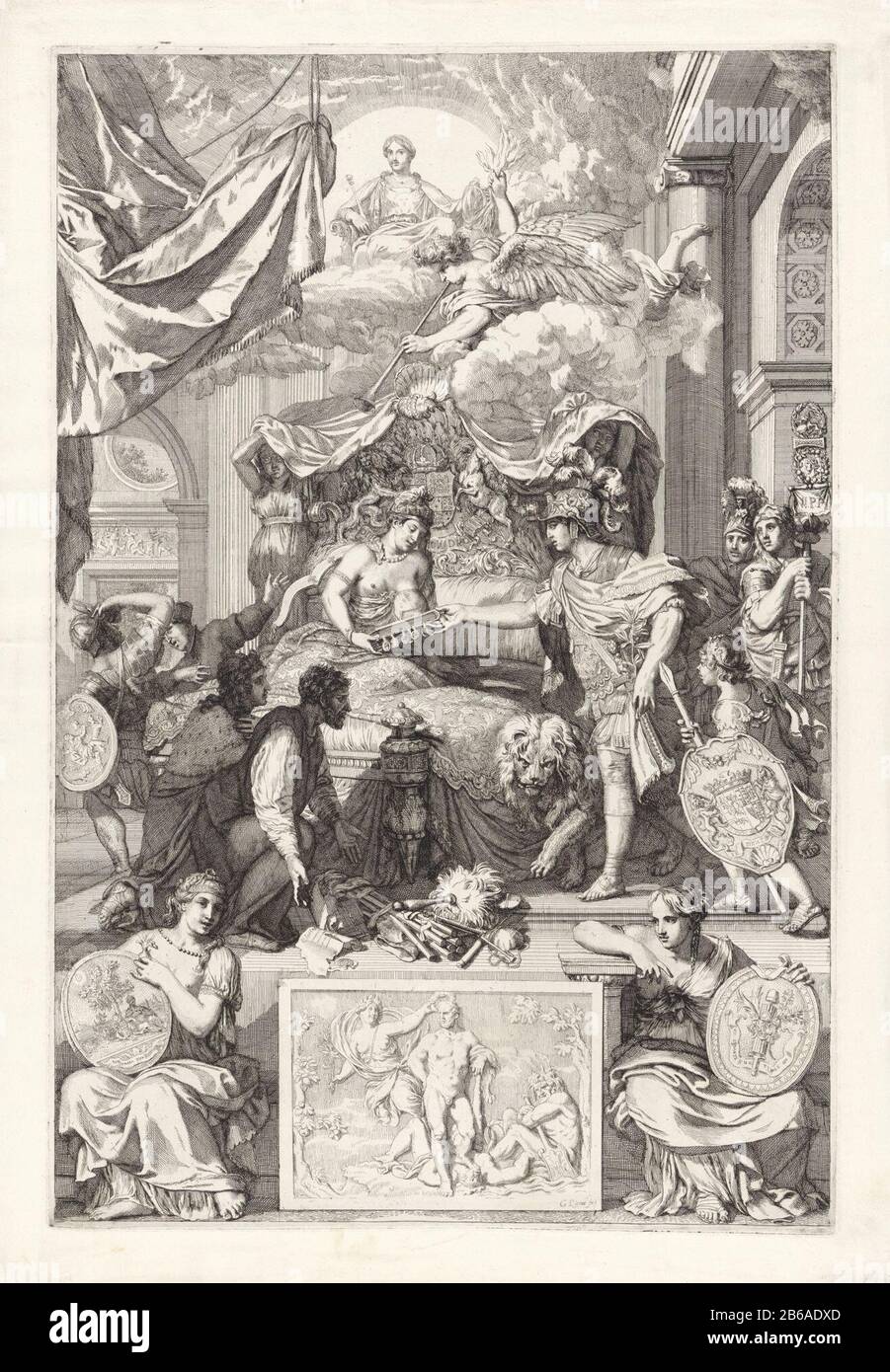 Allegorie über die Wiederherstellung der wahren Religion in England mit der Ankunft des Prinzen von Orange, 1688 Allegorie über die Wiederherstellung der wahren Religion in England mit der Ankunft des Fürsten von Orange, 1688. Ein römischer Befehlshaber, William, Übergabe einer versiegelten bibel an die englische Jungfrau im Bett. William wird von dem niederländischen Löwen begleitet, der zu Füßen des englischen lords und Bürgers kniet. Im Himmel fliegt der Engel des Zorns Gottes mit Blitz und Trompete, thront über dem Wo: Von. Im Vordergrund stehen zwei weibliche Figuren auf beiden Seiten eines Frieses mit dem Bild des Herkules, das g ist Stockfoto