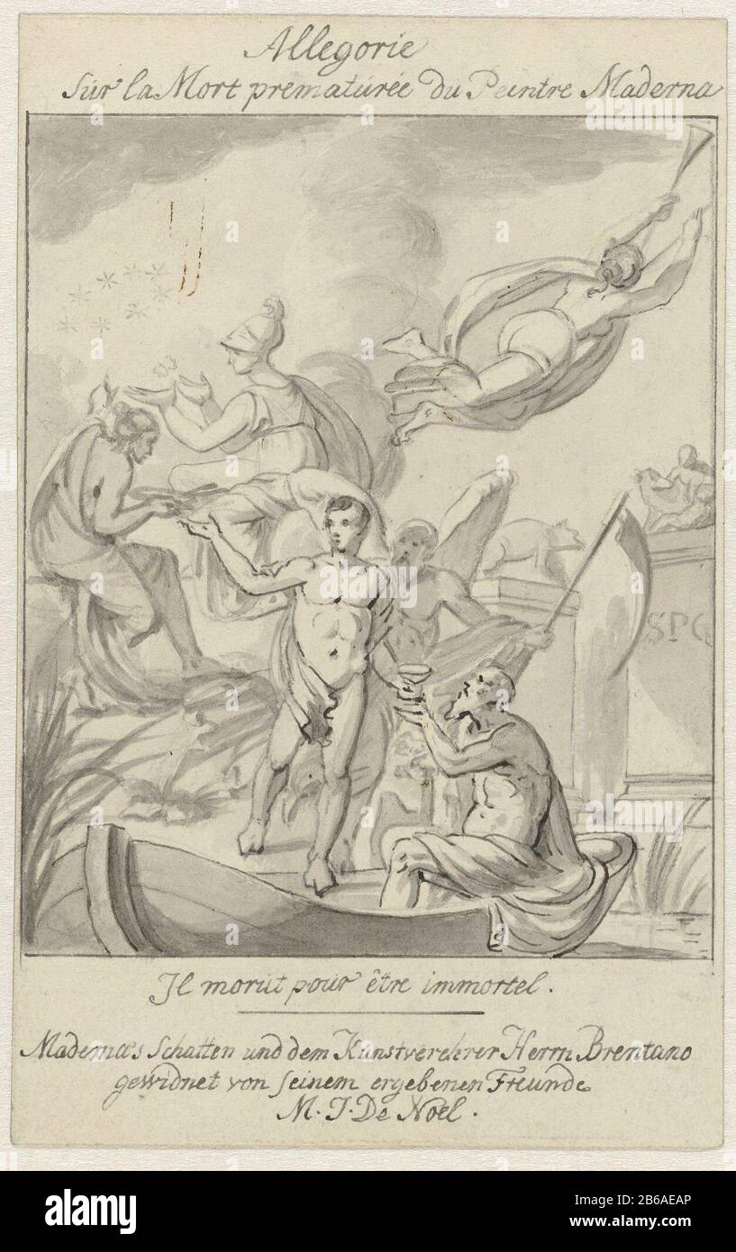 Allegorie auf den Tod des Künstlers Giambattista Maderna Allegorie über den Tod des Künstlers Giambattista Maderna Objekttyp: Zeichnung Objektnummer: RP-T-2000-40 Aufschriften / Marken: Beschriftung mehrere Aufschriften, Wo: Unter der Stellenbeschreibung: Allegorie auf den Tod des Künstlers Giambattista Maderna (Verona 1758-1803) . Hersteller: Künstler: Matthias Joseph de Noel (denkmalgeschütztes Gebäude) Vom: 172-1849 Physische Merkmale: Grauer Pinsel und Stift in Braun, über einer Skizze in Bleistift-Material: Papierbleistifttechnologie: Stift-/Bürstengröße: H 174 mm × W 110 mm Erklärungsblatt von der A Stockfoto