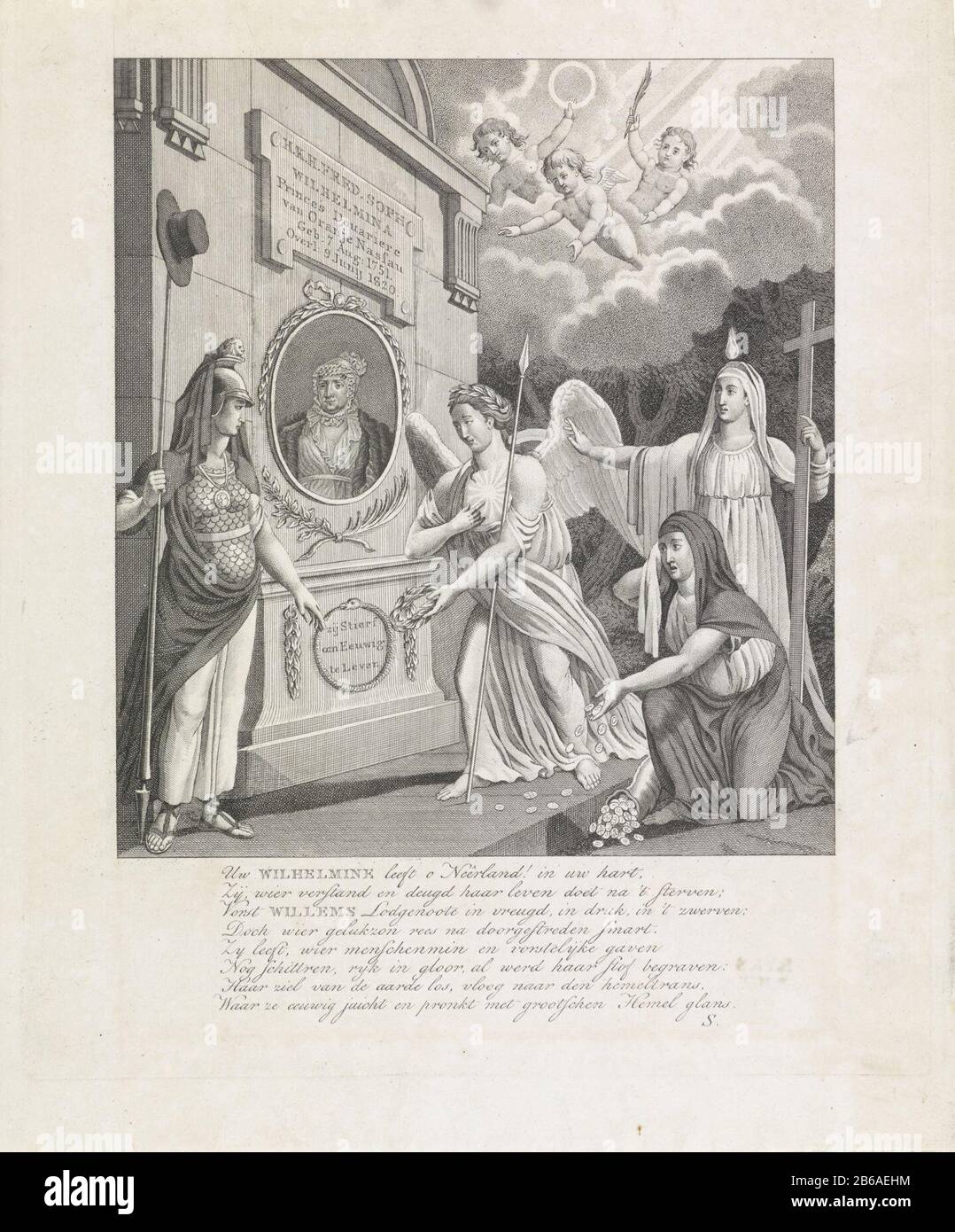 Allegorie auf den Tod der Prinzessin Wilhelmina von Preßburg, um das Allegorische Grab von der Prinzessin Wilhelmina von Preßburg vom 9. Juni um das Jahr um die neunte, die niederdeutsche Jungfrau, Religion, Mildadigheid und einen Engel mit Lorbeerkränzen, Speer und strahlendem Herzen, mögliche Liebe. In den Wolken drei Putten. Im tiefgestellten A achtregelig frisch (mit S. signiert) Stellen Vervaardiger her:. Druckmaschine: Anonymer Standort Herstellung: Niederlande Datum: 1020 Physikalische Eigenschaften: Ätzung und Engra-Material: Papiertechnik: Ätzung/Engra-Messungen (Druckverfahren): Plattenkante: H Stockfoto
