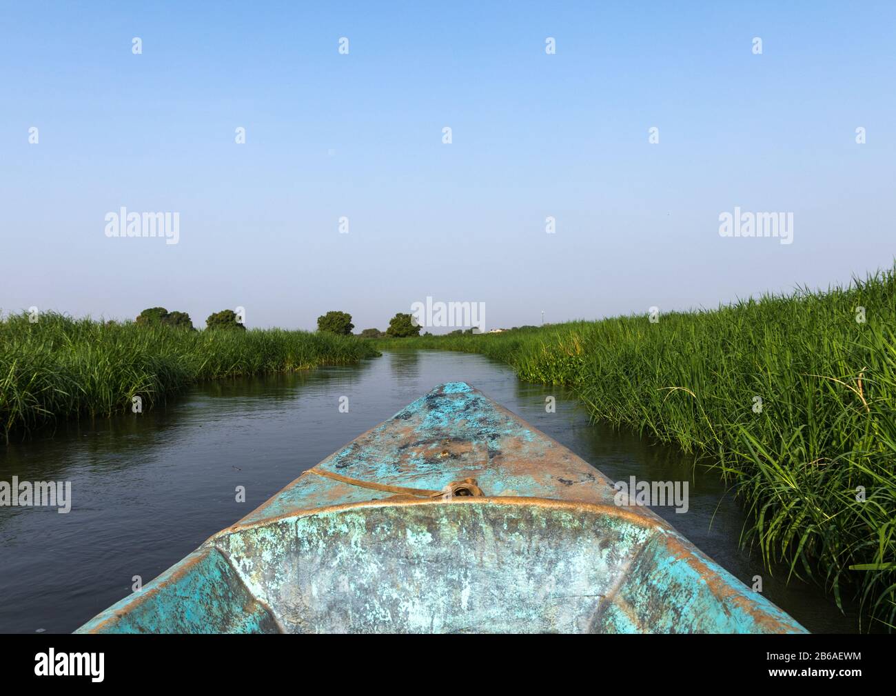 Stammboot aus Mundari auf dem Nil, Central Equatoria, Terekeka, Südsudan Stockfoto