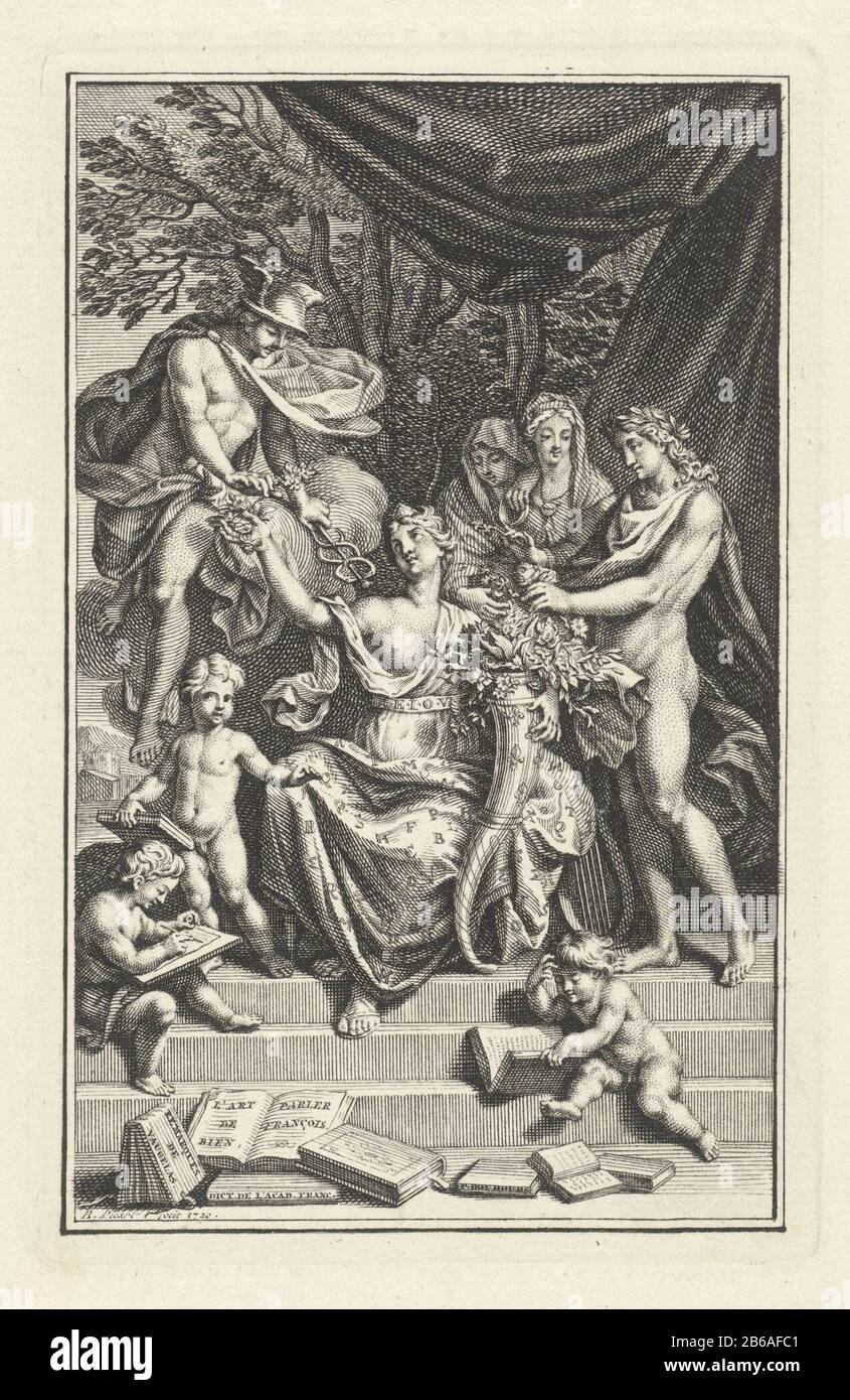 Allegorie in der mittleren Poesie mit gestickten Briefen Kleid, eine Cornucopia in der Hand, wenn sie sich auf die fruchtbaren Ideen bezieht, die sie ausdrückt. Sie erhält Blumen von Merkur (Oratorium), Apollo (Poesie) und Glauben und Weisheit. Im Vordergrund lernen Putten sprechen und lezen. Hersteller : Druckmaschine: Bernard Picart (denkmalgeschütztes Eigentum) Ort Herstellung: Amsterdam Datum: 1720 Physikalische Merkmale: Ätz- und Engra-Material: Papiertechnik: Ätzung/Engra-Abmessungen (Druckverfahren): Plattenkante: H 132 mm × b 87 mmToelichtingTitelpagina für La Touche, Nicolas J. de. L'Art de bien parler François. Amste Stockfoto