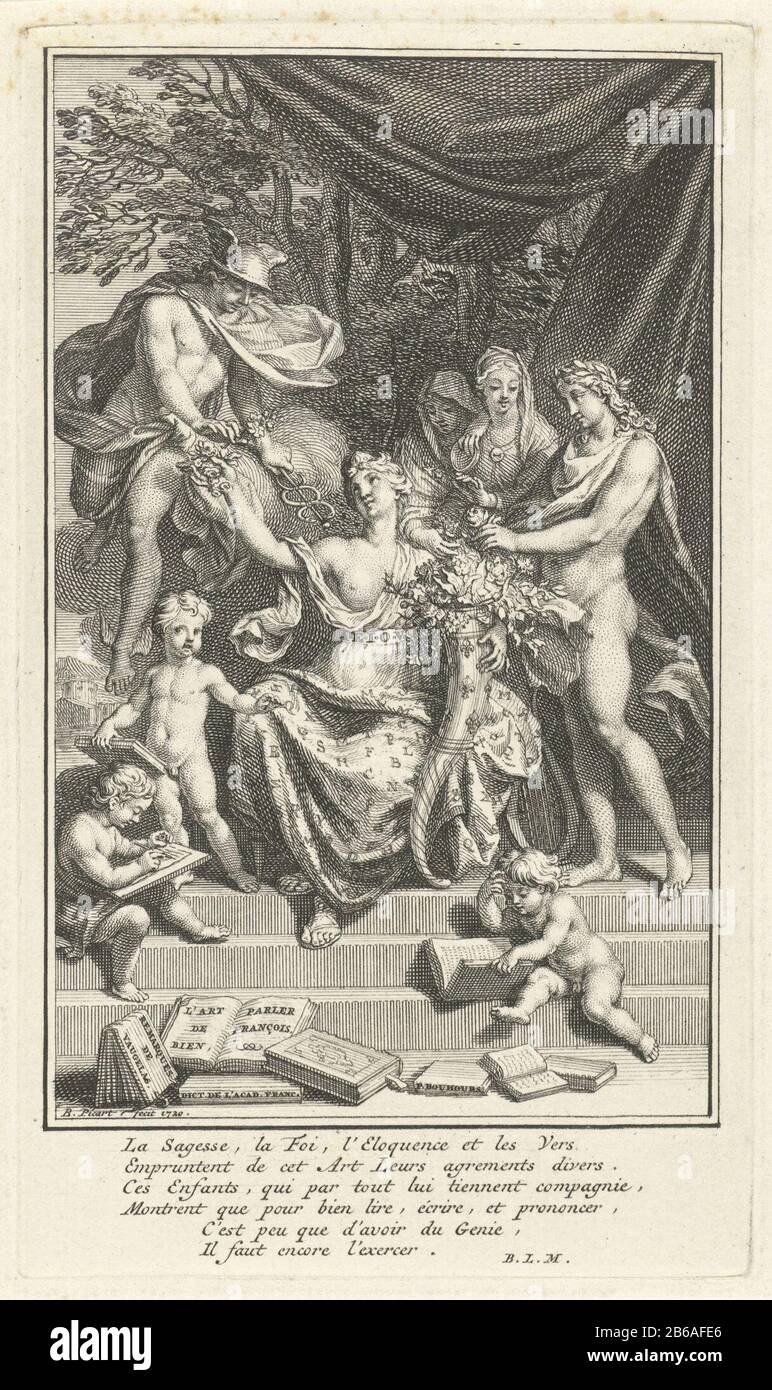 Allegorie in der mittleren Poesie mit gestickten Briefen Kleid, eine Cornucopia in der Hand, wenn sie sich auf die fruchtbaren Ideen bezieht, die sie ausdrückt. Sie erhält Blumen von Merkur (Oratorium), Apollo (Poesie) und Glauben und Weisheit. Im Vordergrund Putti lernen zu sprechen und zu lesen. Am Rand eine sechszeilige Überschrift in Frans. Hersteller: Druckmaschine: Bernard Picart (denkmalgeschütztes Eigentum) Schriftsteller Antoine Augustin Bruzen de la Martinière (denkmalgeschütztes Eigentum) Ort Herstellung: Amsterdam Datum: 1720 Physikalische Merkmale: Ätzungs- und Engra-Material: Papiertechnik: Ätzung/Engra-Messungen (Druckverfahren): Platte Stockfoto