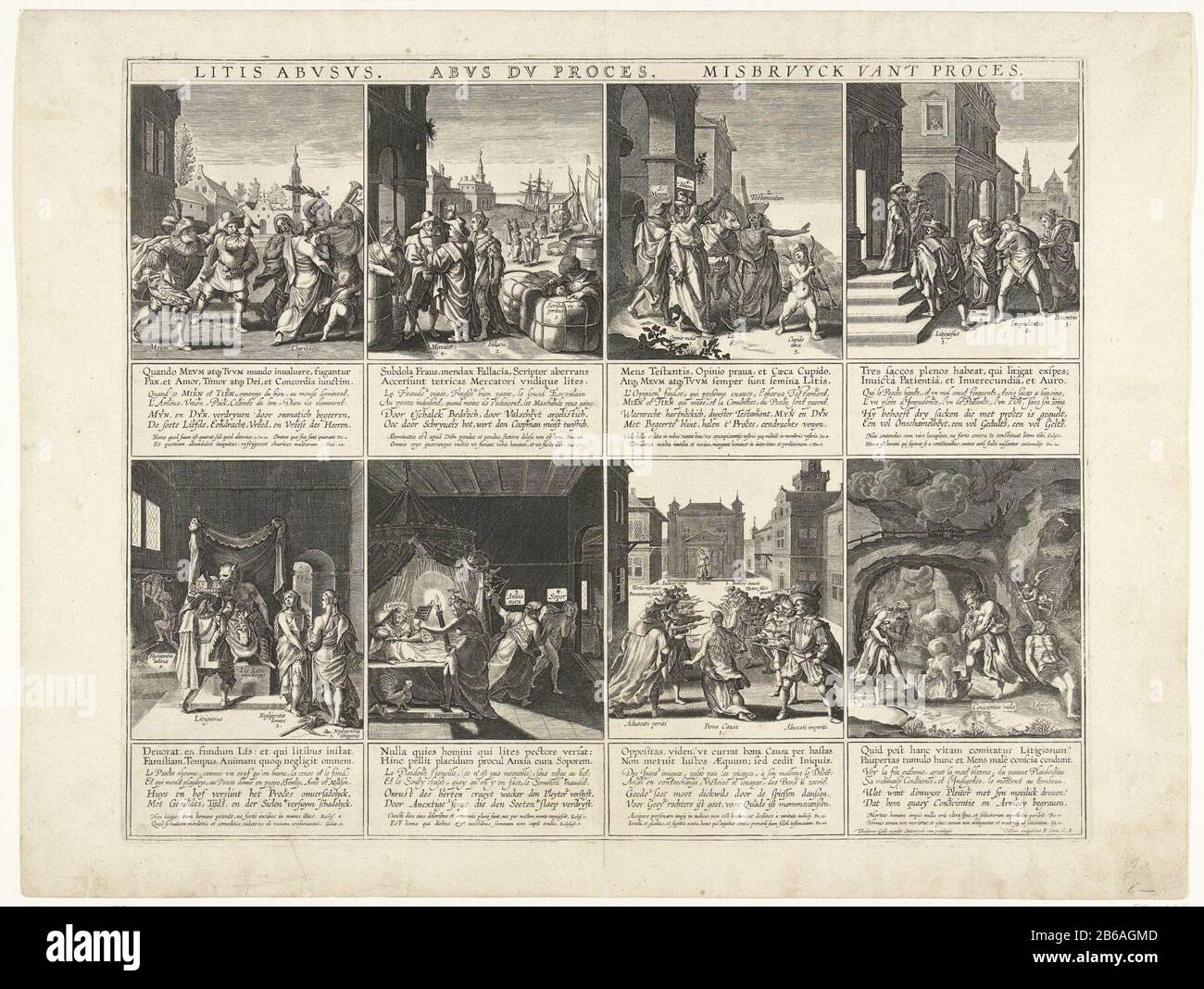 Allegorien zum Missbrauch des Rechtsstreits, ca. 1600Litis Abusus / Abus du Process / Misbruyck van't Process (Titelobjekt) Objekttyp: Bild-Artikelnummer: RP-P-ob-80.477Catalogusreferentie: FMH 1118 -AhThe Illustrated Bartsch 160-kt / m rNote: Diese Kopie nicht vermeldHollstein Dutch 121Beschreibung: Beschreibung: Blatt mit acht Szenen mit Anschuldigungen über den Missbrauch des Verfahrensrechts und die nachteiligen Auswirkungen des laufenden Rechtsstreits, 1600. Jede Aufführung mit einer Unterschrift von insgesamt 8 Zeilen: Zwei in lateinischer, zwei in französischer, zwei in niederländischer und zwei wieder in lateinischer Sprache. Kopieren in die Serie von e Stockfoto