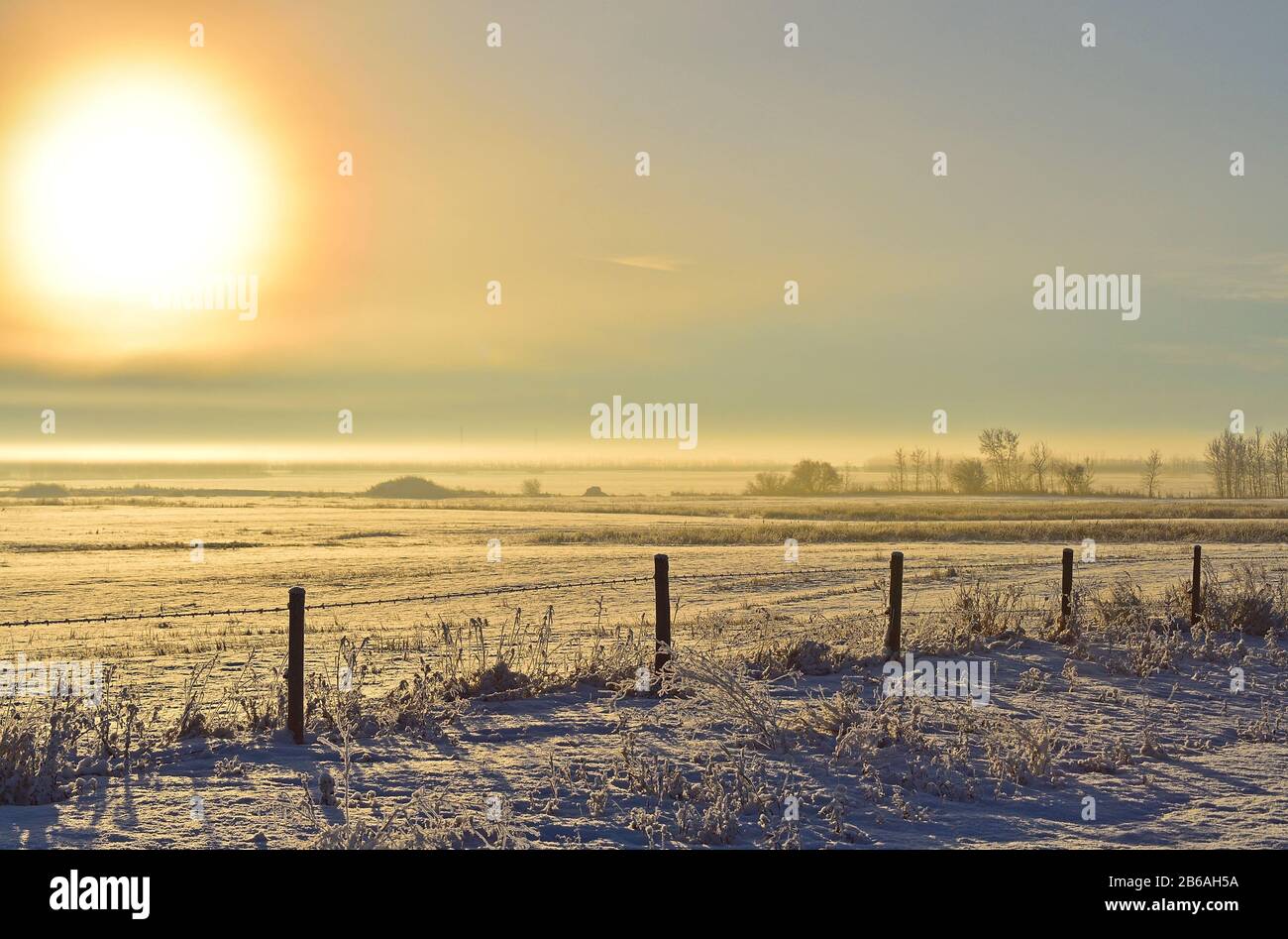 Ein horizontales Bild einer flachen Wiese bei Sonnenaufgang im ländlichen Alberta Kanada. Stockfoto