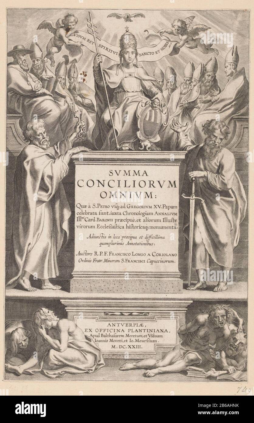Allegorische Titelseite mit weiblicher Personifikation der Titelseite des Papsttums für F Longo a Coriolano, Summa conciliorum omnium, Antwerpen, 1623 auf einem Sockel thronte die weibliche Personifikation des Papsttums mit Tiara- und Gregory XV-Waffe zwischen Bischöfen und Kardinälen. Auf beiden Seiten des Sockels, der heilige Petrus und Paul. Auf der unterstöckigen Ebene sind die Personifikationen von Häresie und Betrug zu sehen. Hersteller: Druckhersteller Cornelis Galle (I) von Peter Paul Rubens Herausgeber: Balthasar Moretus (I) (denkmalgeschütztes Gebäude) Herausgeber: Witwe Johannes II Moretus (denkmalgeschütztes Gebäude) Herausgeber: John van Meurs (auf obdie Angaben in obje Stockfoto