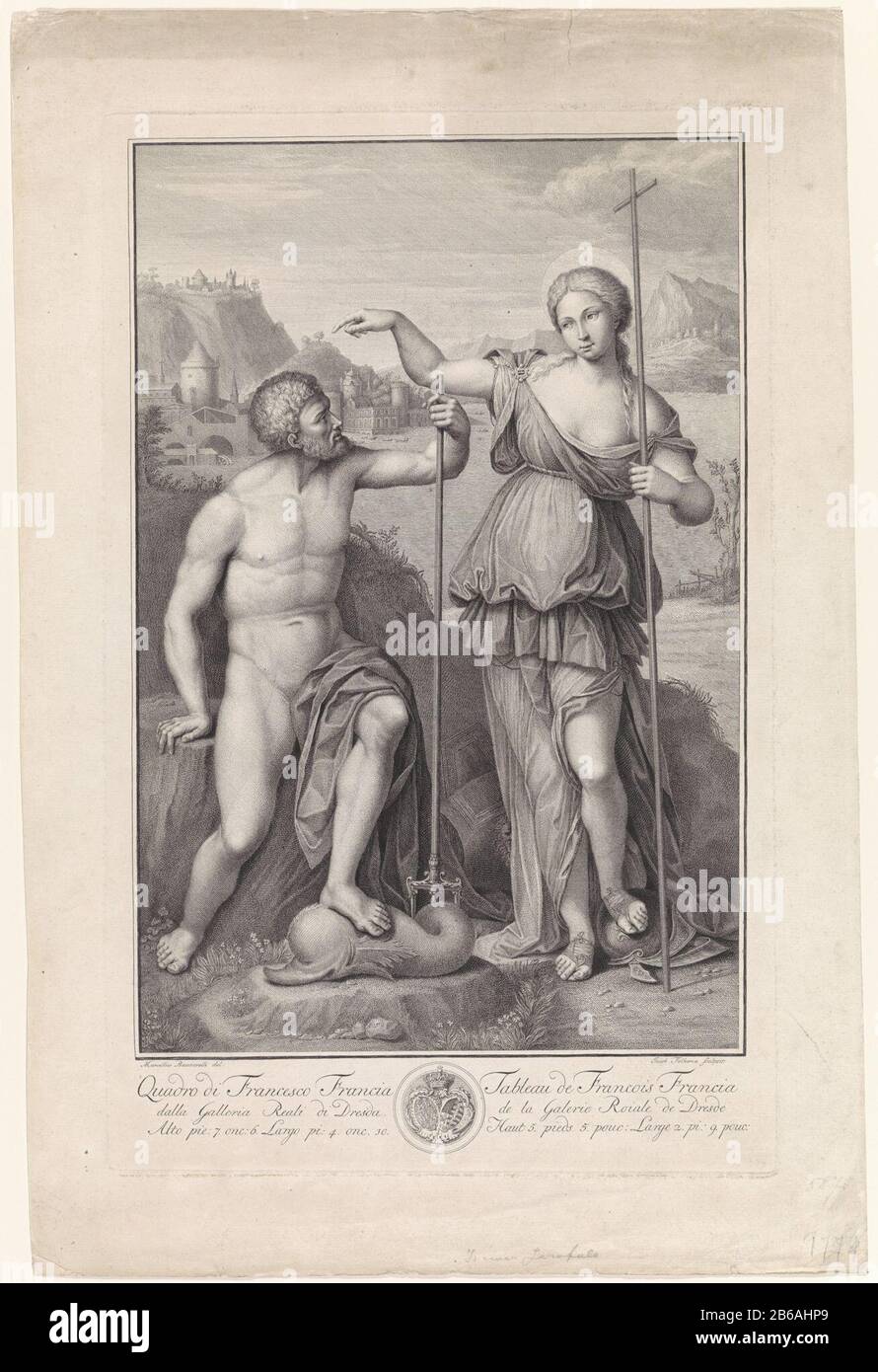 Der allegorische Neptun segnete durch den Glauben Neptun mit Dreizack in der Hand und seinem Fuß einen Delphin und beobachtete die Personifikation des Glaubens. Sie hat ein Kreuz als Zauberstab in der Hand und einen Halo um den Kopf und zeigt auf den Kopf des Neptun. Sie hat ihren Fuß auf einem Helm (Minerva?), Und hinter ihr einen Gurt, der den Kopf von Medusa zeigt. Im Hintergrund eine Berglandschaft mit einer Stadt in einem Rivier. Hersteller: Druckerei-Hersteller Jacob Folkema (denkmalgeschütztes Eigentum) zum Zeichnen: Marcello Bacciarelli (denkmalgeschütztes Eigentum) zum Malen: François Francia (zurückgewiesene Zuschreibung) zum Malen: Garofalo (zugeschrieben) Place mA Stockfoto